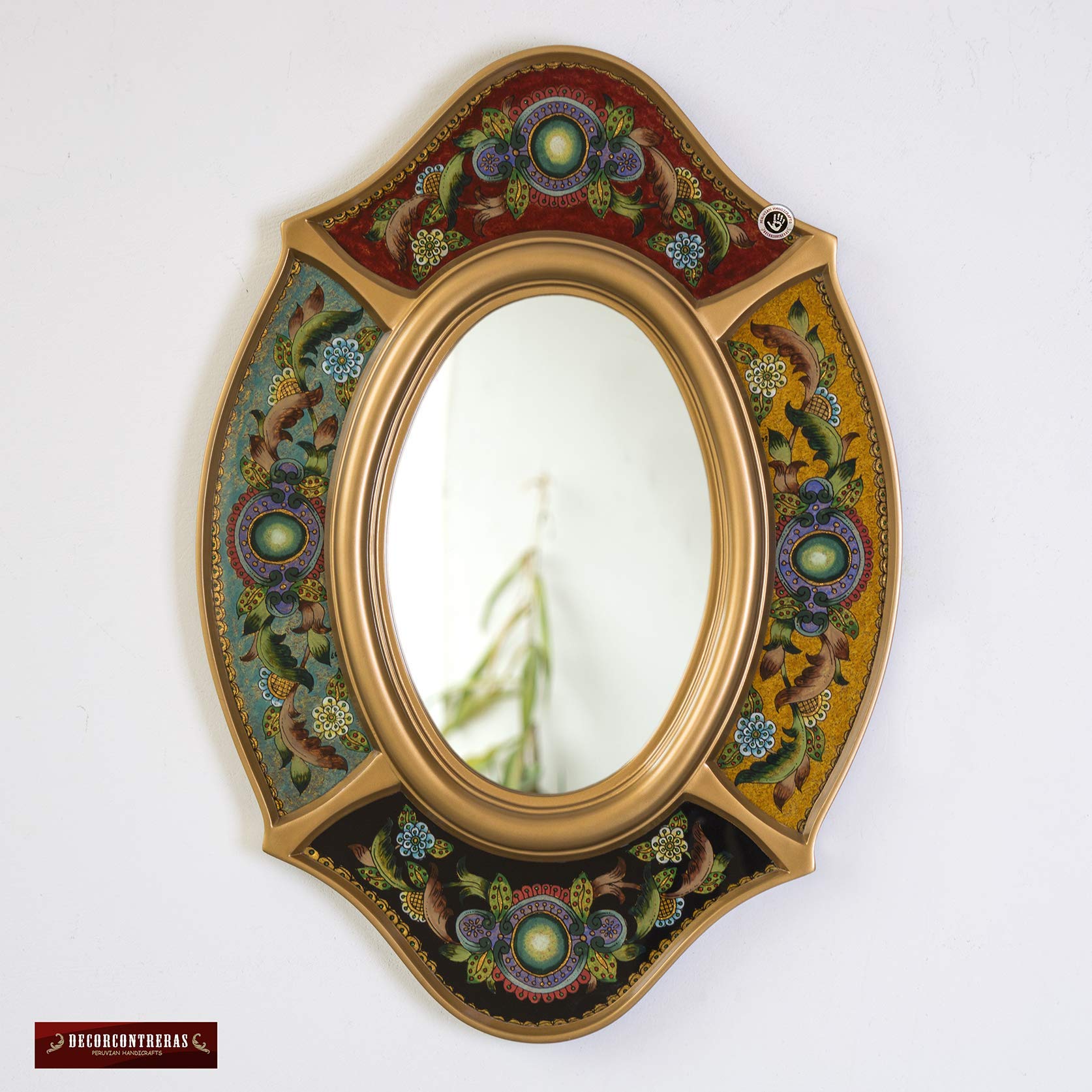 Handpainted Gold Wood Frame Oval Wall Mirror - Peruvian Ornate Decorative Accent Mirror for Living Room, Bedroom & Entryway Decor