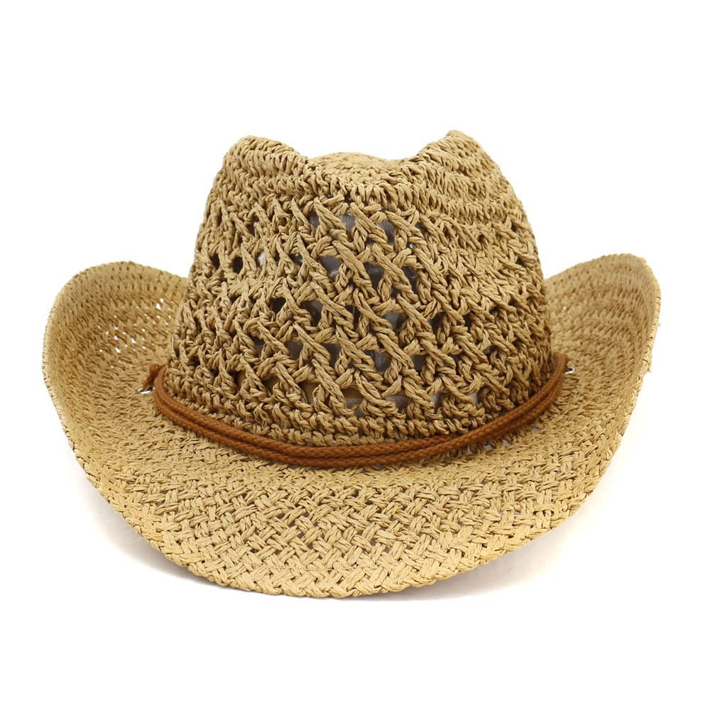 Stylish Western Cowboy Hat for Women & Men - Breathable Hollow Out Straw Sun Hat - Cowgirl Summer Beach Hat (Brown, 56-58cm) - Perfect for Outdoor Activities, Rodeo, Music Festivals & Vacation