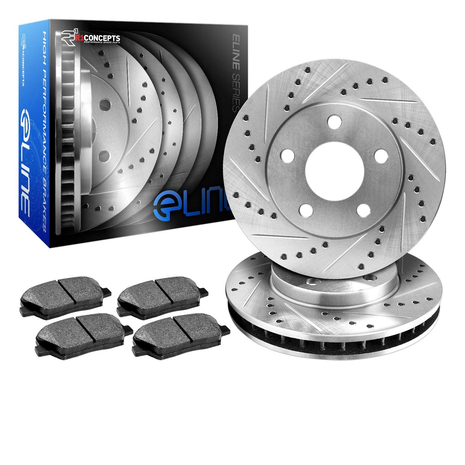 R1 Concepts High Performance Rear Brake Pads and Rotors Kit - Ceramic Brake Pads with Drilled & Slotted Rotors - Compatible with 1984-1988 Pontiac 6000 - Perfect for Daily Driving, Highway Cruising and Performance Upgrades