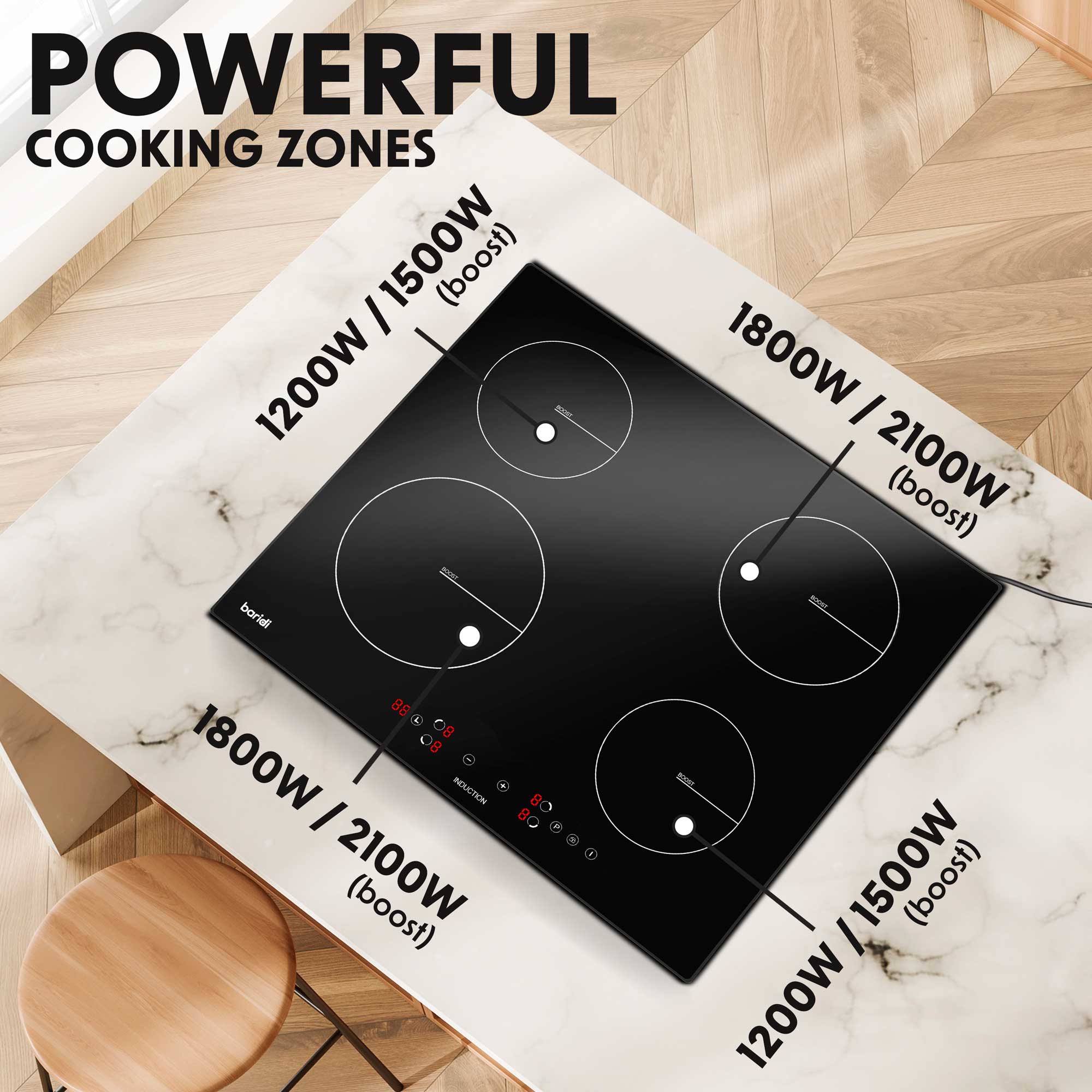 Baridi 60cm 4 Zone Induction Cooktop with Boost Function - 9 Power Settings, Touch Control, 2800W, 13A Plug (Model DH177) - Perfect for Modern Kitchens, Restaurants & Fast Cooking
