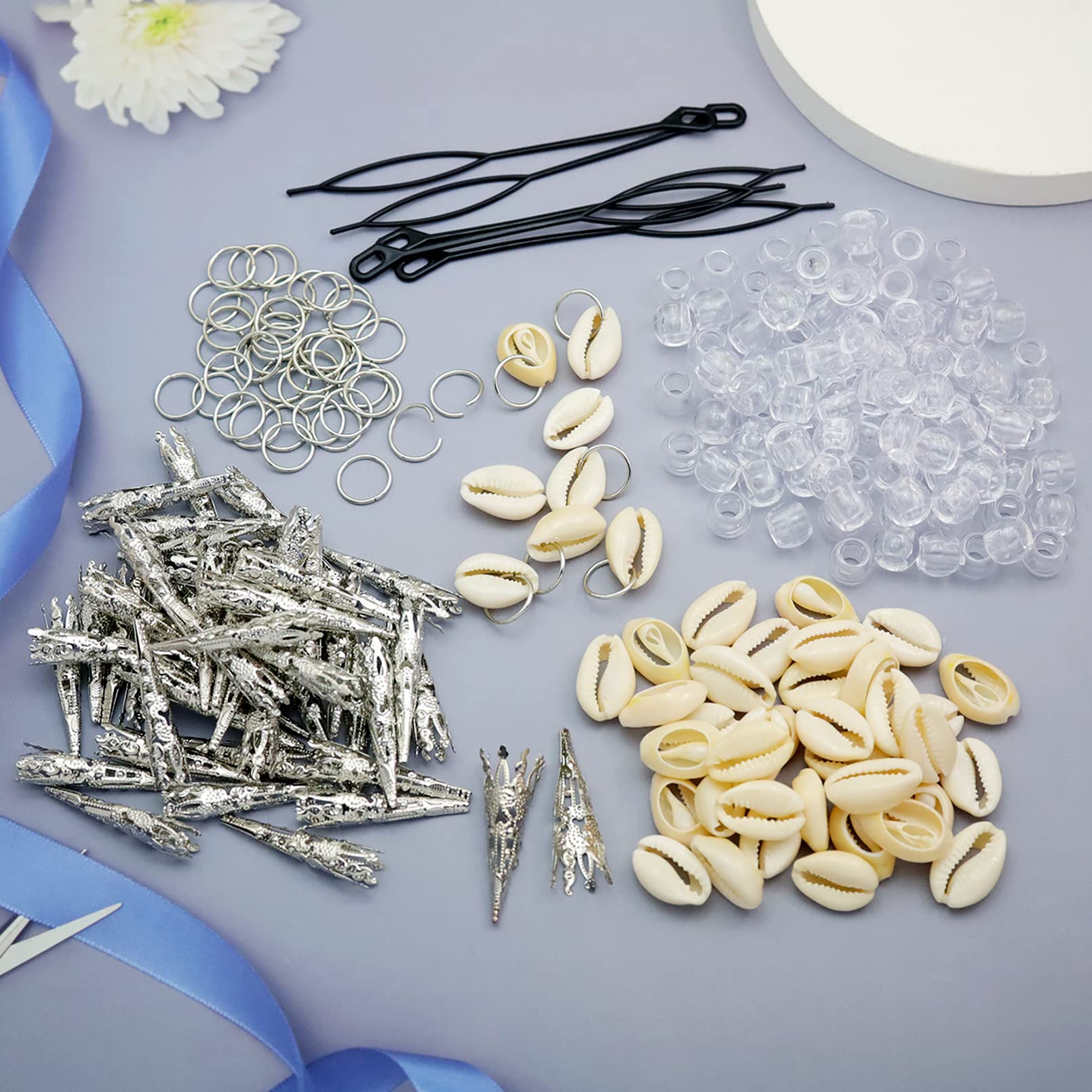 455 Pcs Clear Beads Dreadlocks Accessories for Women - Silver Metal Clips & Shell Pendants for Cornrow Braids & Locs Hair Jewelry | Perfect for Boho, Festival & Everyday Hair Decoration