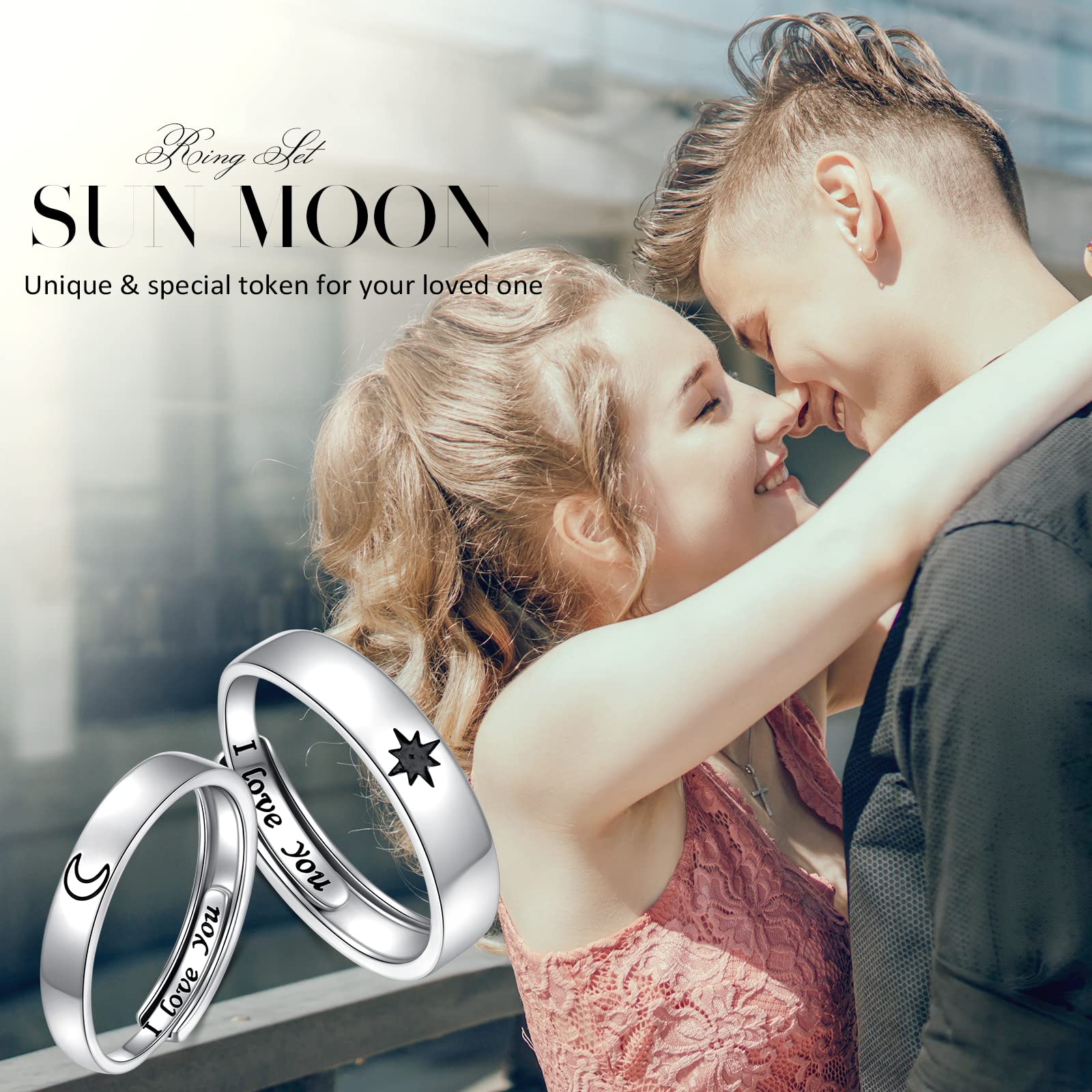 Ladytree 925 Sterling Silver Adjustable Couple Rings - Sun and Moon Promise Rings for Him & Her - Matching Engagement & Wedding Bands Set (2PCS) - Perfect for Anniversaries, Valentine's Day Gifts & Romantic Proposals