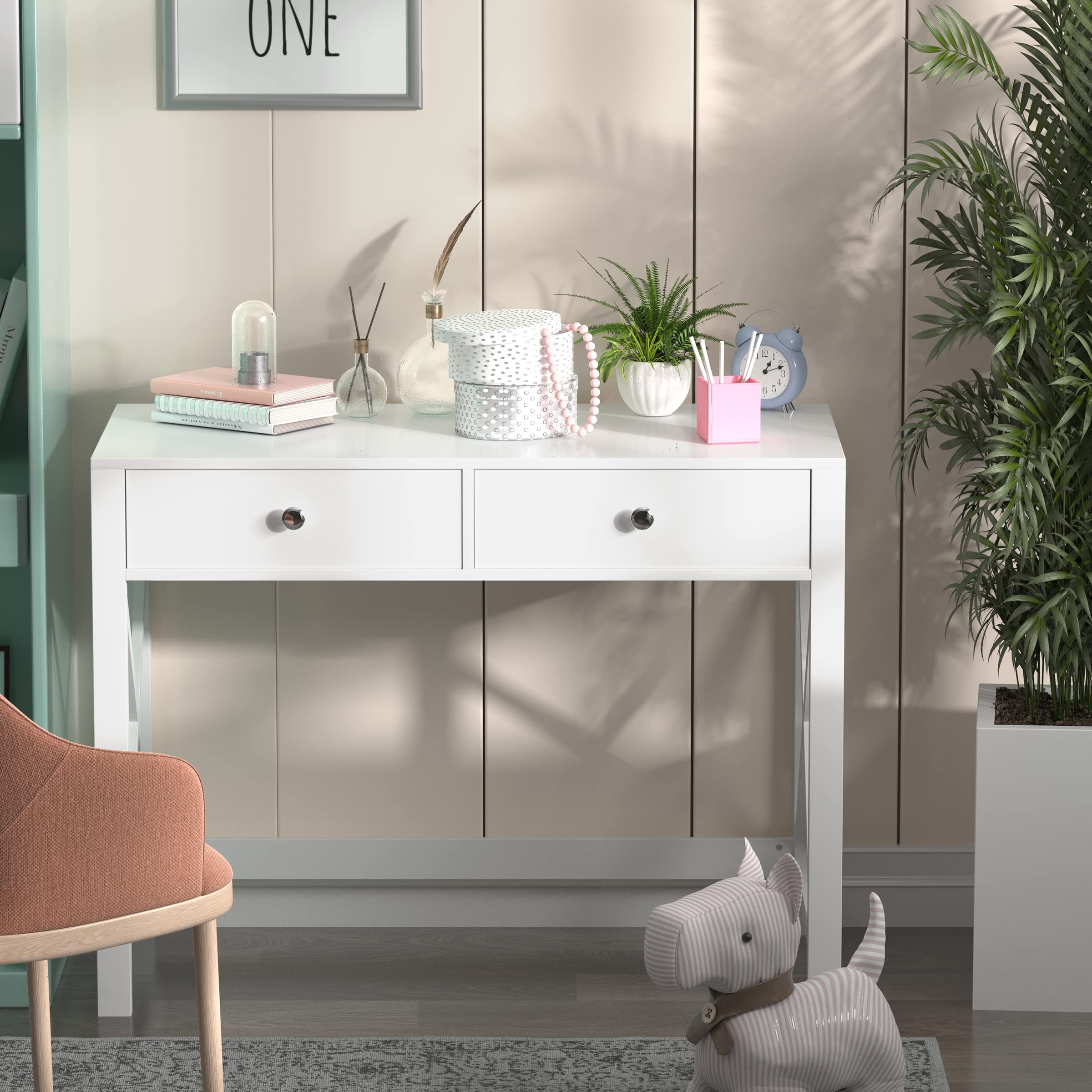 EdMaxwell WiberWi Home Office Desk with Drawers - White Modern Writing Computer Desk, Small Makeup Vanity Table for Bedroom & Study Desk for Home Office - Perfect for Remote Work, Online Classes & Makeup Application