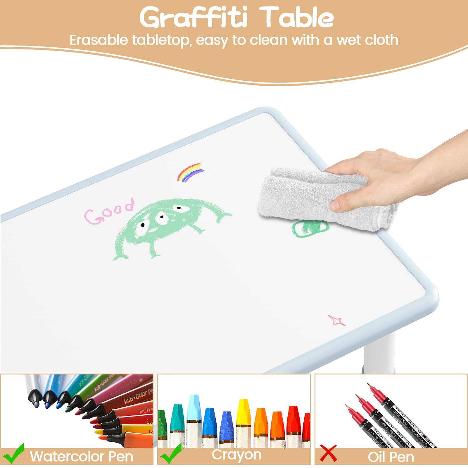 GAOMON Adjustable Kids Table and 4 Chairs Set with Graffiti Desktop - 4-in-1 Toddler Activity Table for Reading, Drawing, Playing & Eating - Perfect for Playrooms, Preschools & Daycares