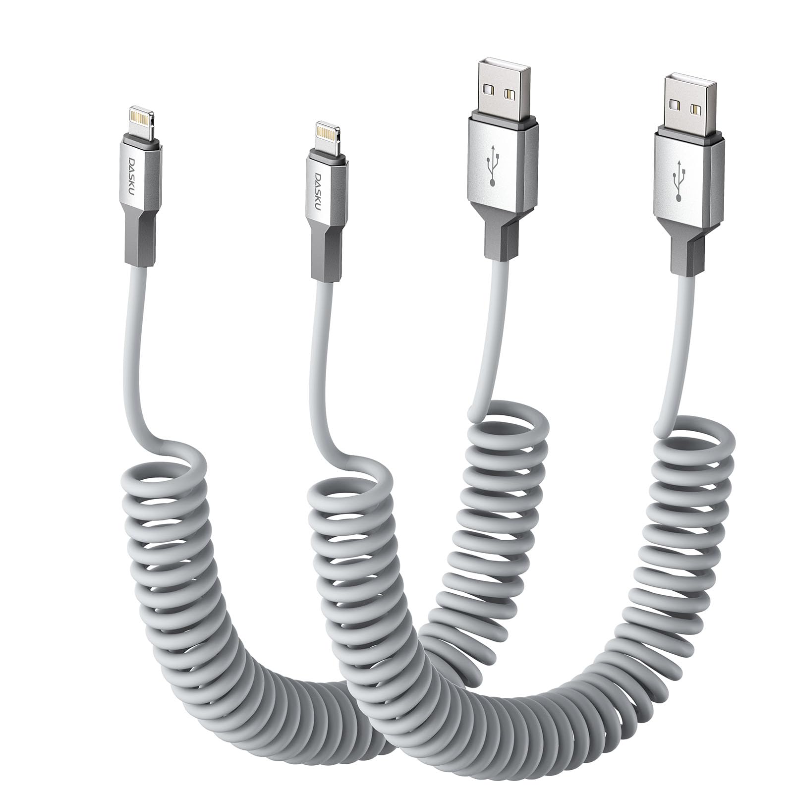2 Pack Apple MFi Certified Lightning Cable for Car - 3FT Coiled iPhone Charger Cord, USB to Lightning Cable Compatible with iPhone 14/13/12/11 Pro Max/XS MAX/XR/8/7/Plus/SE - Perfect for CarPlay & On-the-Go Charging (Grey)