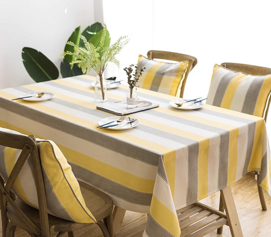 Yellow Stripe Cotton & Linen Tablecloth - Modern Rectangular Kitchen Table Cover for Dining Room & Oval Tables | Waterproof & Washable for Everyday Use & Special Occasions