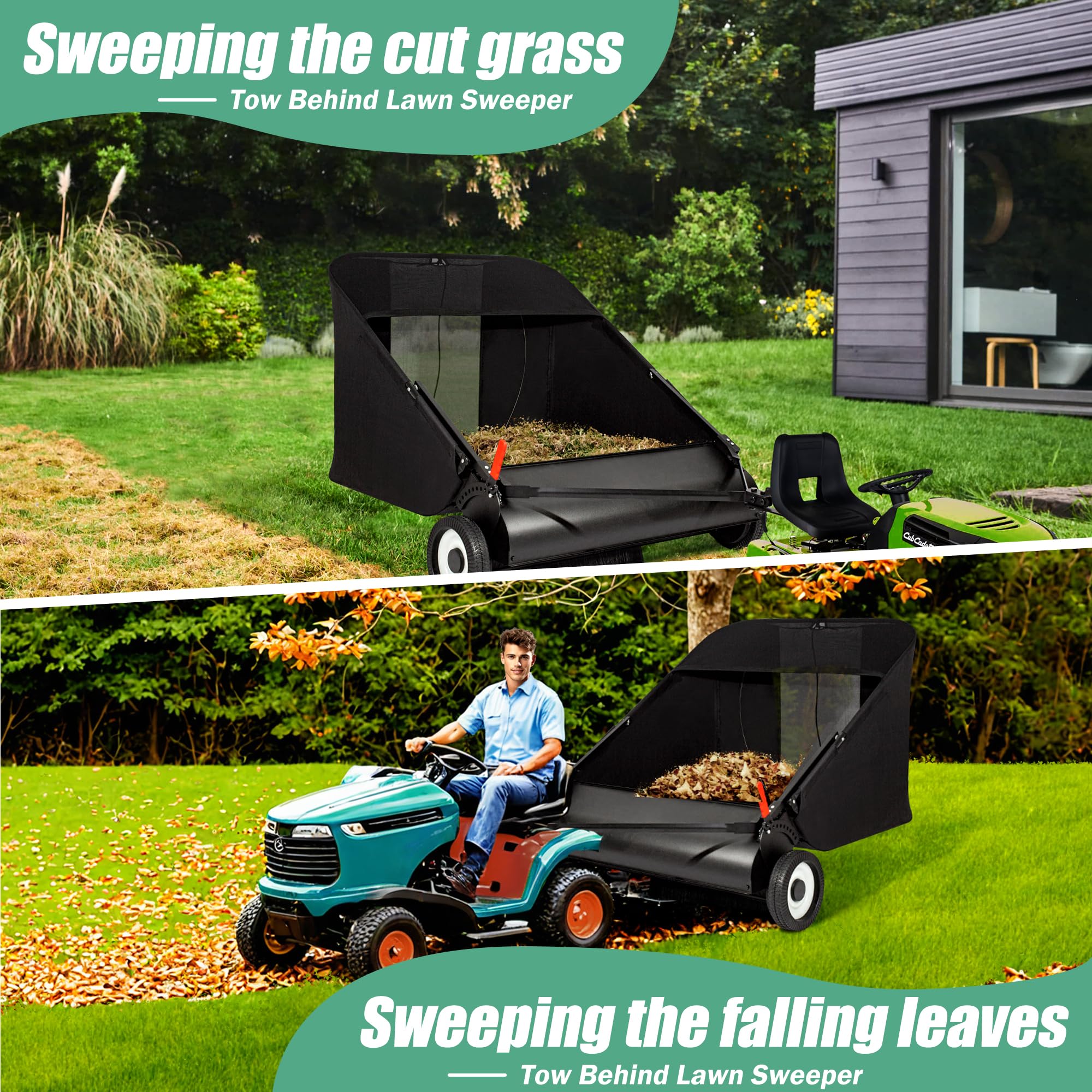 Upgraded 42-Inch Lawn Sweeper for Leaves & Grass - 21 cu.ft Large Capacity Yard Sweeper with Adjustable Height & 4 Spinning Brushes - Perfect for Yard, Lawn, Farm, Sidewalk & Leaf Collection