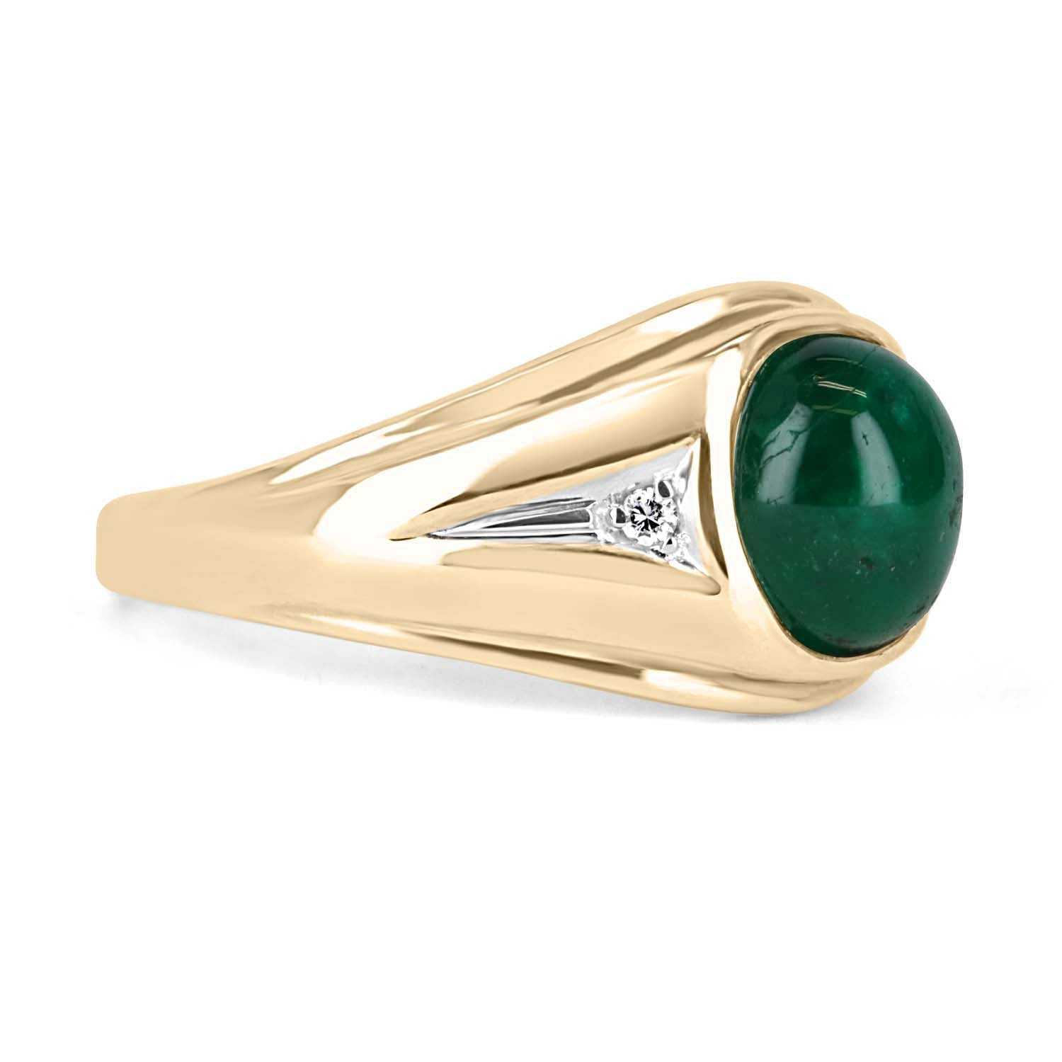 3.20tcw Natural Emerald Cabochon & Diamond Three Stone Men's Ring in 14K Gold - Perfect for Everyday Wear, Wedding Bands & Anniversary Gifts