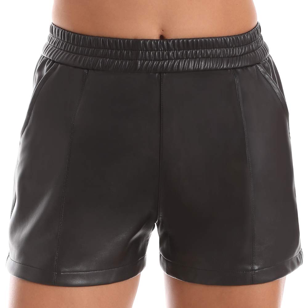 Everbellus Women's High Waisted Faux Leather Shorts with Pockets - Stretchy Elastic Waistband Comfortable Loose Fit for Casual Wear, Night Out, and Summer Fashion