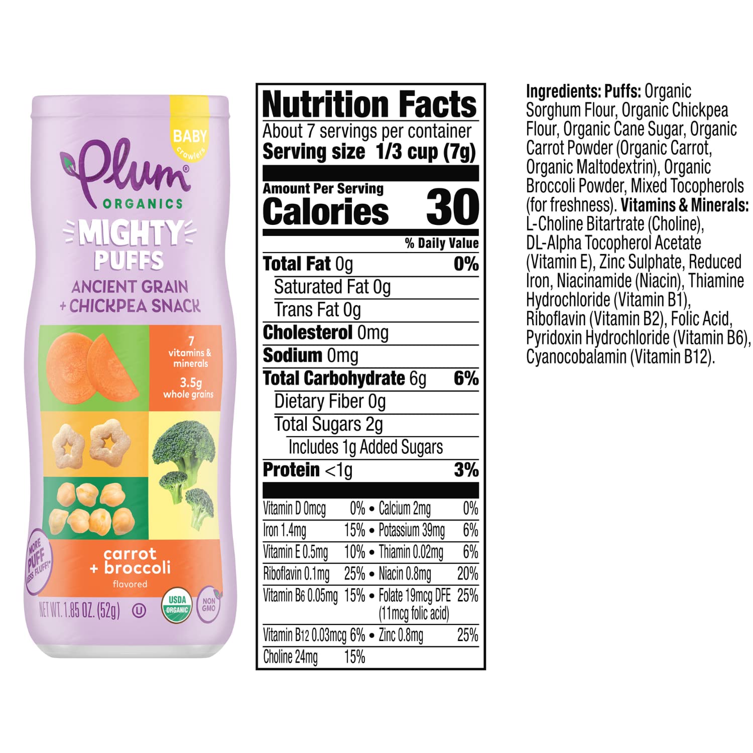 Organic Baby Food Snacks - Plum Organics Mighty Puffs Carrot & Broccoli - 1.85oz Canister with Ancient Grains & Chickpeas - Healthy Toddler Snack for On-the-Go, Daycare & Travel