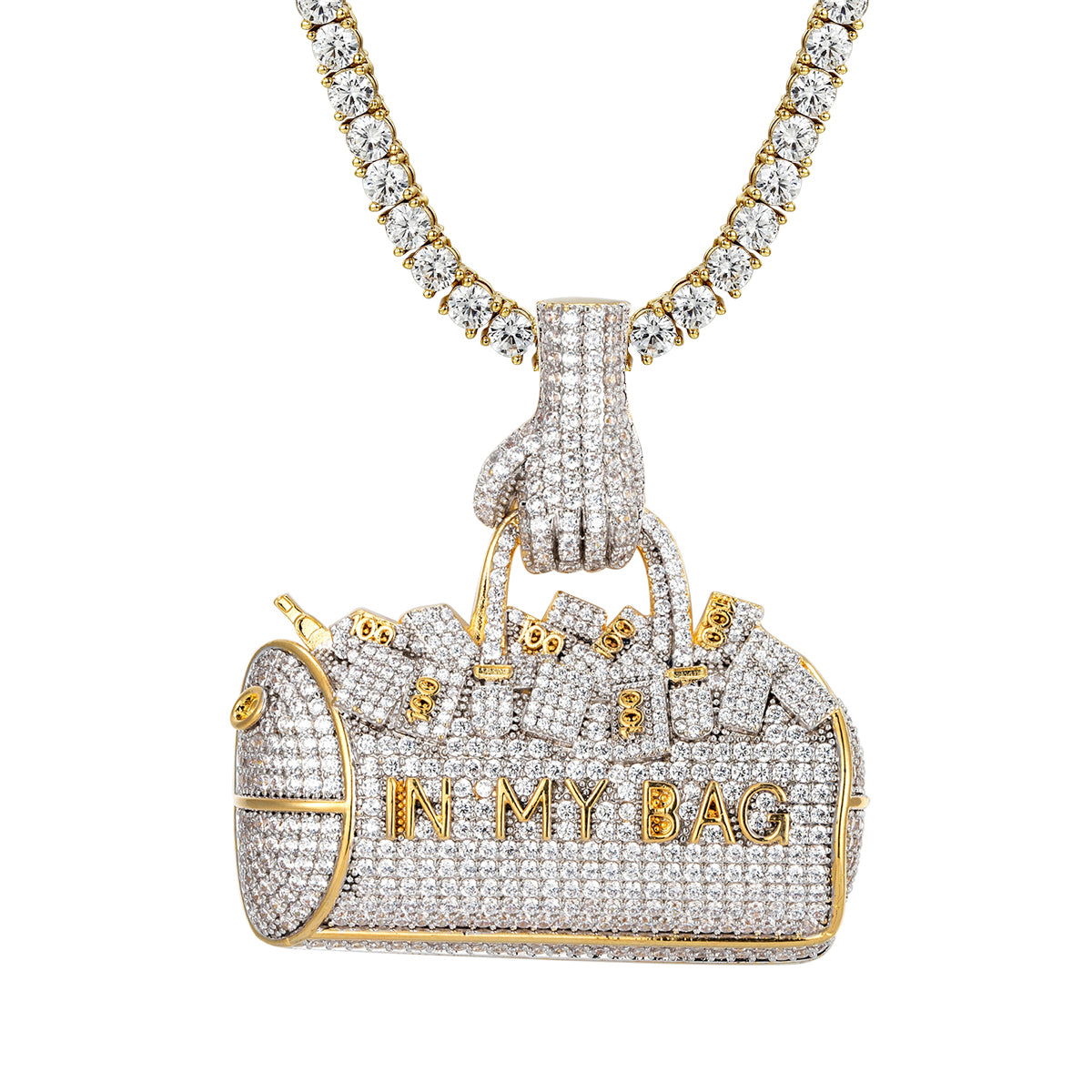 3D Icy 14K Gold Tone Dollar Bill Money Bag Pendant Necklace - Hip Hop Bling Jewelry for Men & Women, Perfect for Rappers, Parties, and Streetwear Fashion