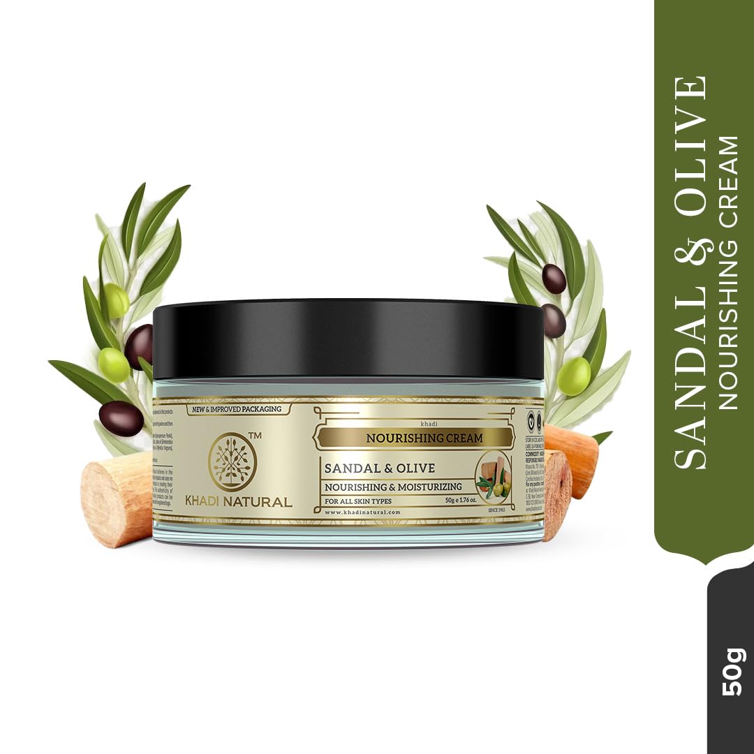 Khadi Natural Ayurvedic Sandal & Olive Face Nourishing Cream with Shea Butter | Deep Hydration & Skin Revitalization for Dry & Sensitive Skin | Herbal Glow Formula | 50g | Perfect for Night Care & Daily Moisturizing