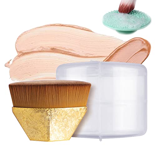 Professional Flat Top Makeup Brush with Protective Cap – Foundation Brush for Liquid, Cream & Concealer Blending – Ideal for Daily Makeup & Travel (Cracked Ice Yellow)