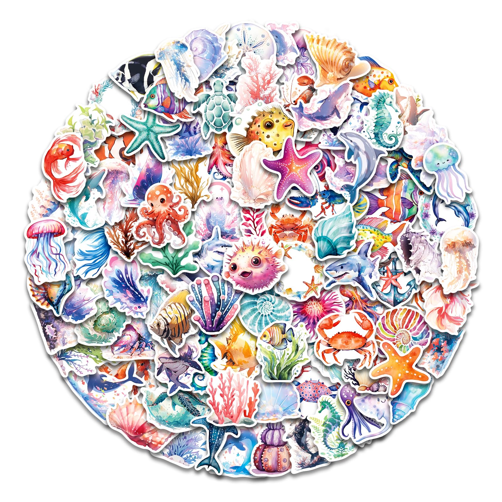 100 Pcs Ocean Animal Stickers - Cute Sea Creature Vinyl Stickers for Kids, Water Bottles, Laptop Decor - Perfect for Party Favors, DIY Crafts & Scrapbooking - Waterproof & Durable Decals for School, Home & Office Use