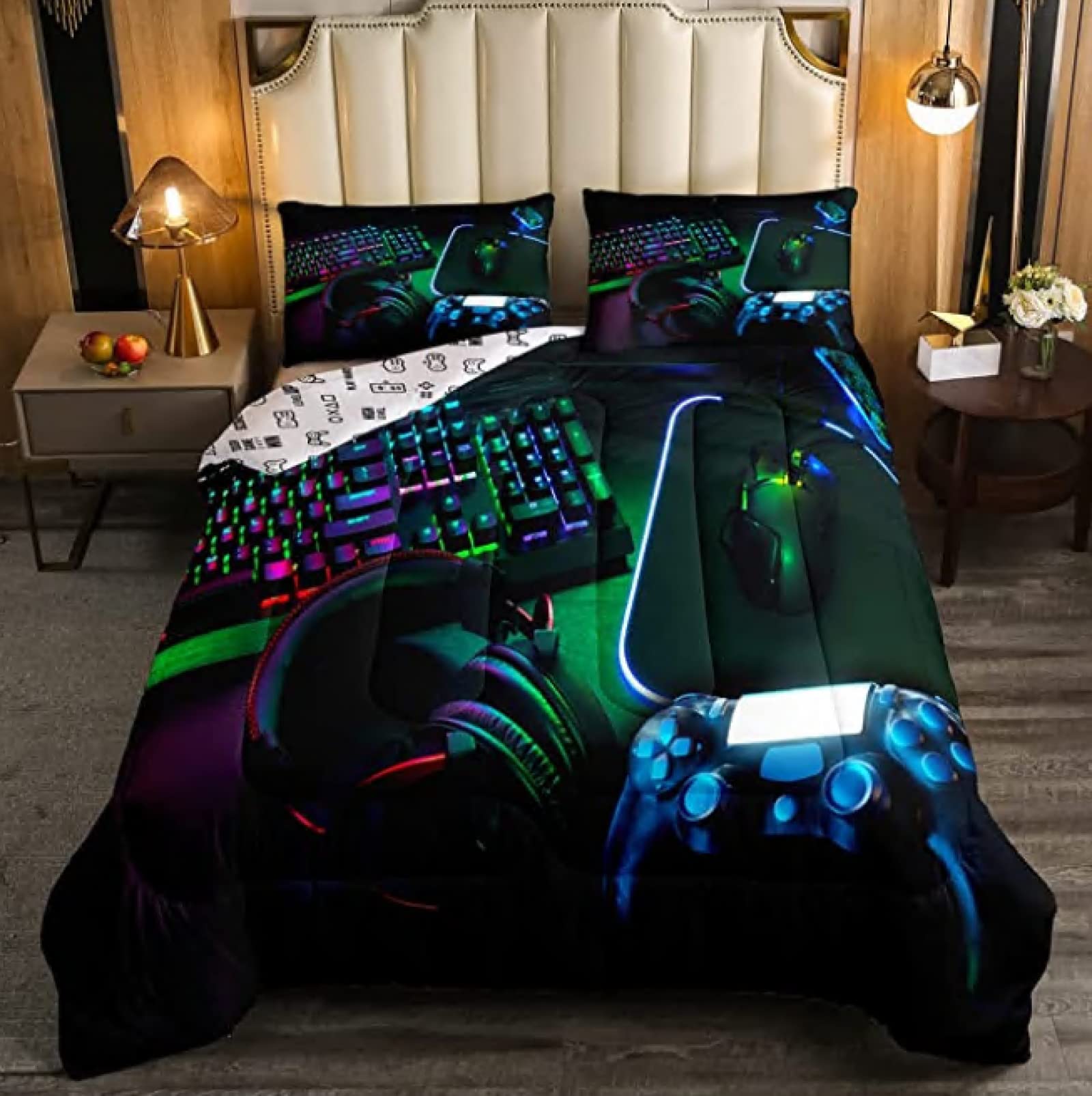 3D Printed Gaming Comforter Set for Boys - Gamer Gamepad Duvet Cover 3 Piece Bedding Set, Twin Size 68x86 Inches (173x218cm) Black & Green - Perfect for Teen & Youth Bedroom Decor, Gaming Room Theme, and Gift for Gamers