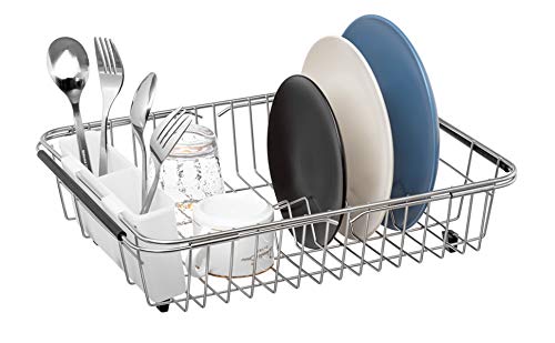 SANNO Plastic Utensil Drying Rack - Silverware Storage Holder for Dish Rack Over Sink - Chopsticks Spoon Fork Knife Drainer Basket - Flatware Organizer (White, 7.75