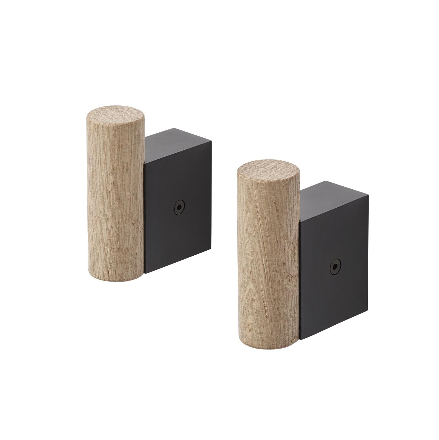 MUUTO Attach Coat Hook Set of 2 - Modern Oak & Black Wall Hooks for Entryway, Bathroom & Bedroom Organization