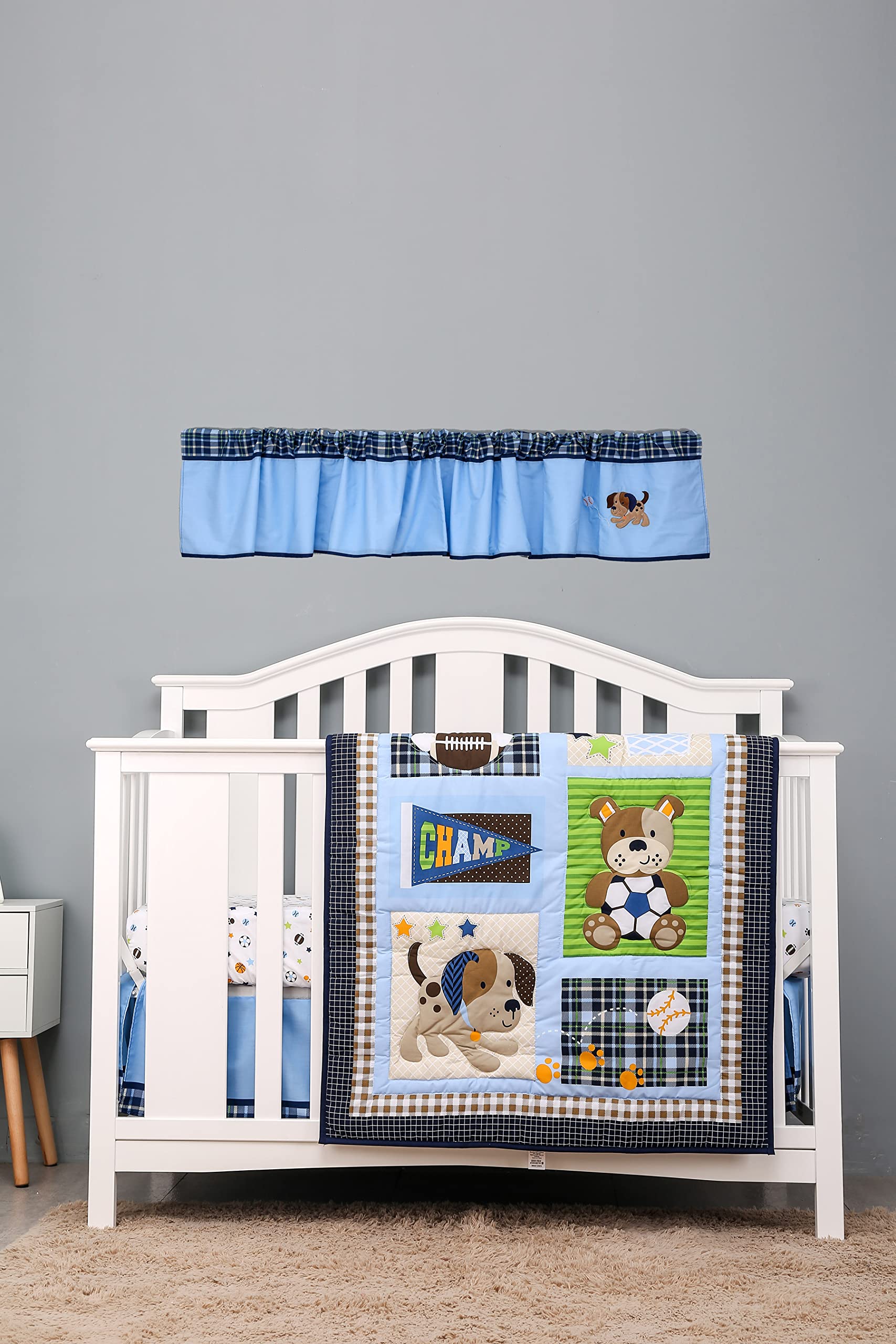 Blue Embroidered Puppy Baseball Sports Themed Window Valance - Nursery & Kids Room Decor - Perfect for Toddler Bedroom, Playroom, and Daycare Window Treatments (1 PC)