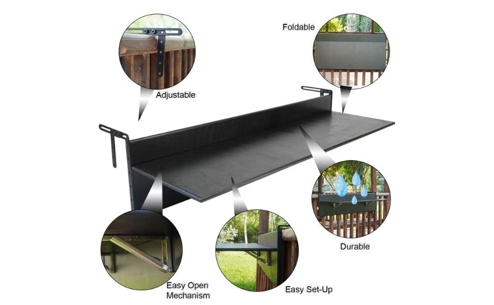Outdoor Folding Balcony Bar Table - Wooden Rail Mounted Serving Table for Patio, Deck & Porch - Space-Saving Hanging Desk (Grey, 31.5