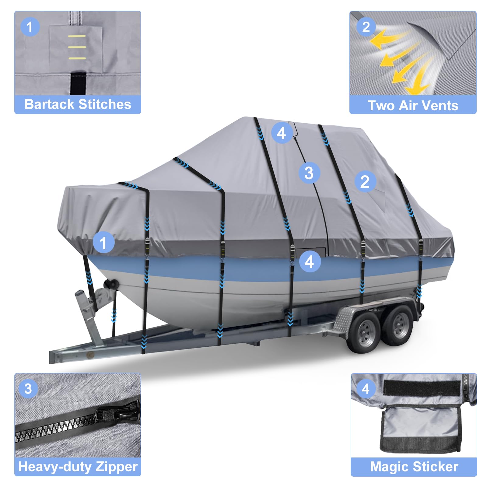 900D Heavy Duty Waterproof Boat Cover - T Top & Center Console Design, Fits Beam Width Up to 102