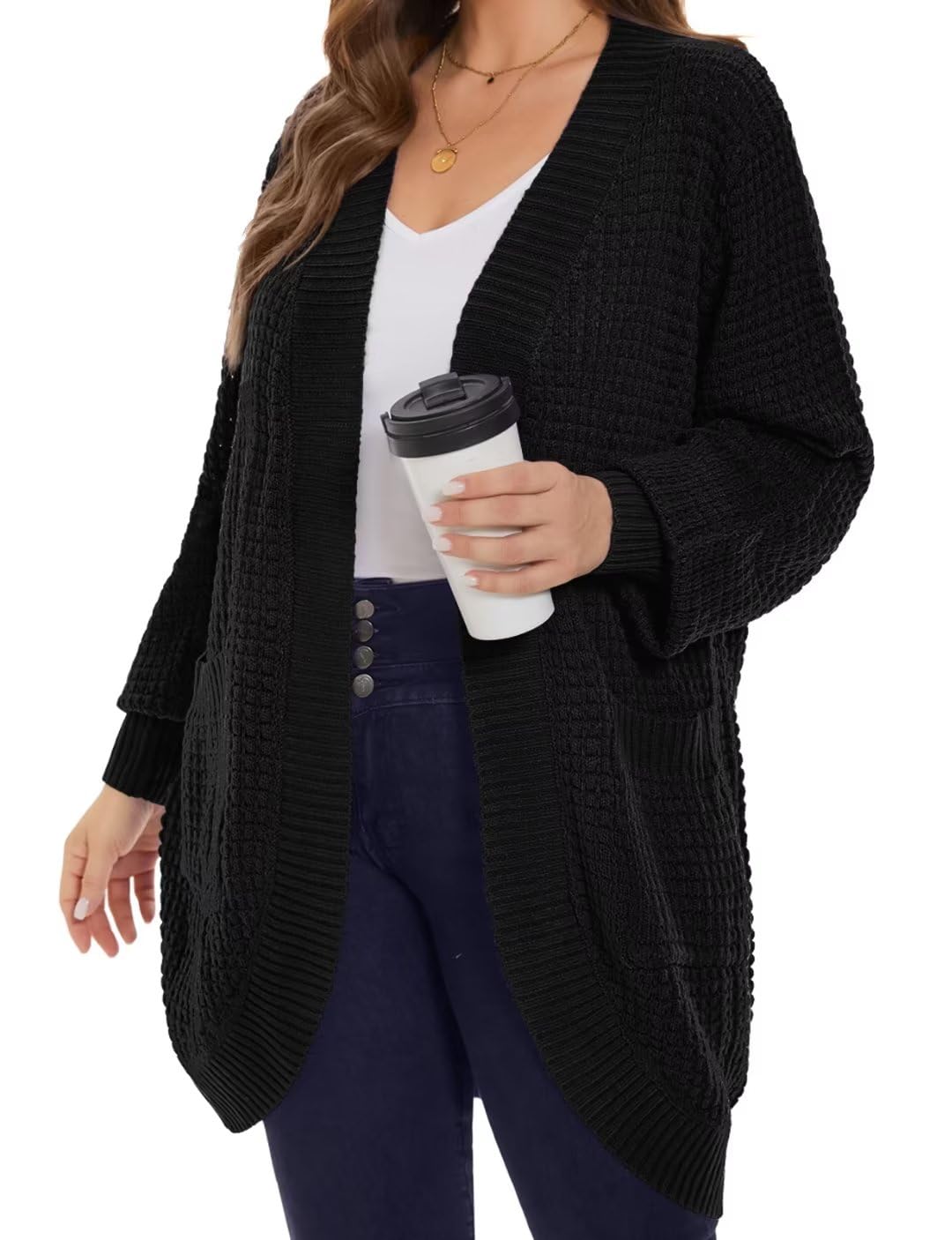 MONNURO Women's Plus Size Open Front Cardigan - Soft Waffle Knit Long Sleeve Sweater with Pockets | Cozy Fall & Winter Outerwear for Casual Wear, Office, and Travel