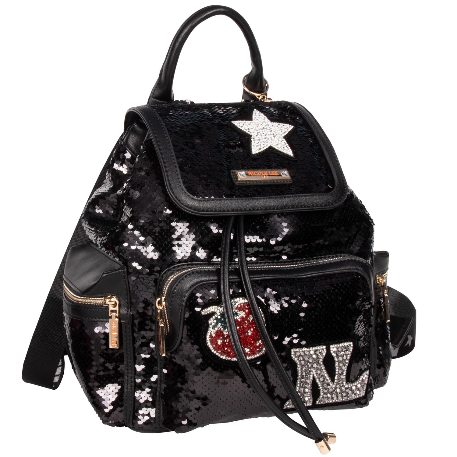 Nicole Lee Sequin Patch Backpack for Women - Medium Size with Drawstring Closure, Multiple Pockets & Adjustable Shoulder Straps - Black | Perfect for School, Travel, Work & Everyday Use