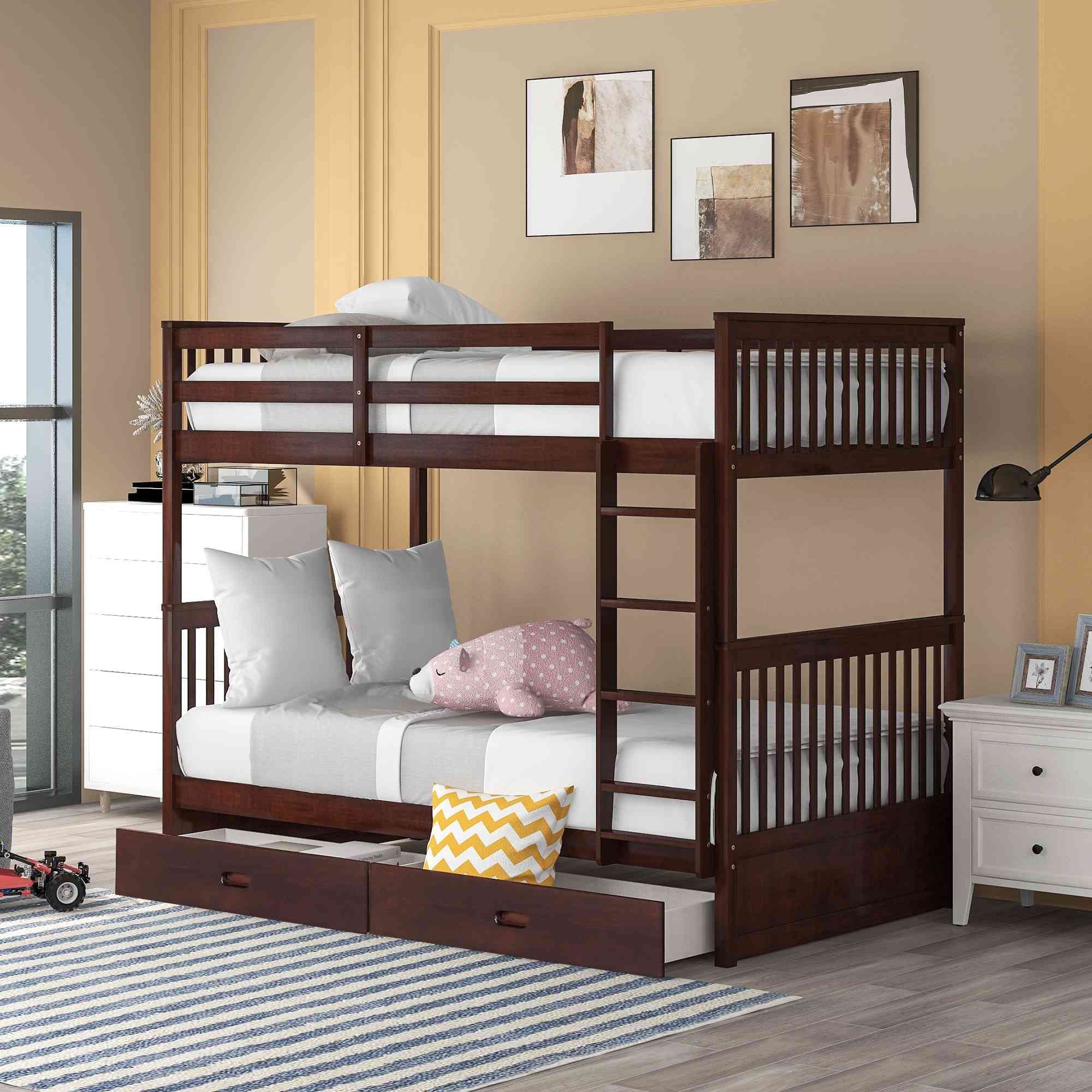 Cotoala Twin Over Twin Bunk Bed with Ladders & 2 Storage Drawers - Sturdy Wooden Bed Frame for Kids, Teens, Adults - Space Saving Solution for Small Bedrooms, Dorms, Guest Rooms & Vacation Homes - No Box Spring Needed
