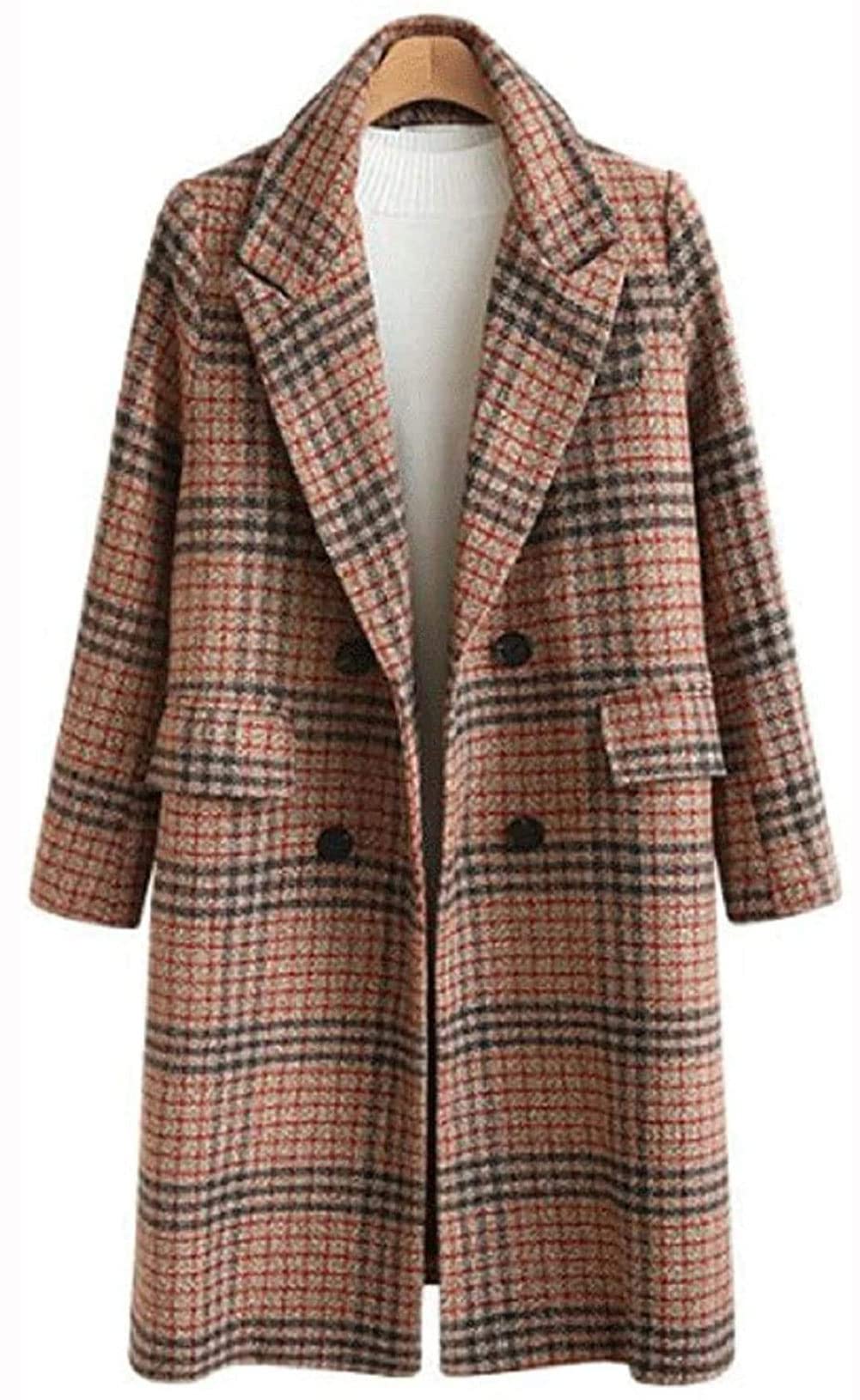 Loveimgs Women's Plaid Wool Pea Coat - Double Breasted Long Trench Coat Jacket for Fall & Winter | Office Wear, Business Casual, Date Night Outfits