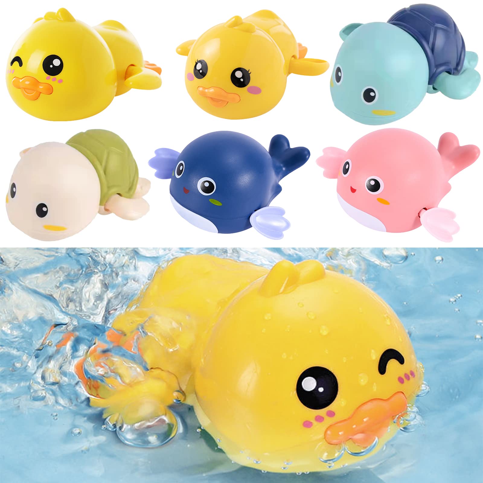 Xutong 6-Piece Wind-Up Swimming Duck Bath Toy Set for Toddlers - ABS Material, Animal-Themed, Unisex, Ages 1-3 (Random Colors) - Fun Bathtime Learning & Sensory Play for Babies