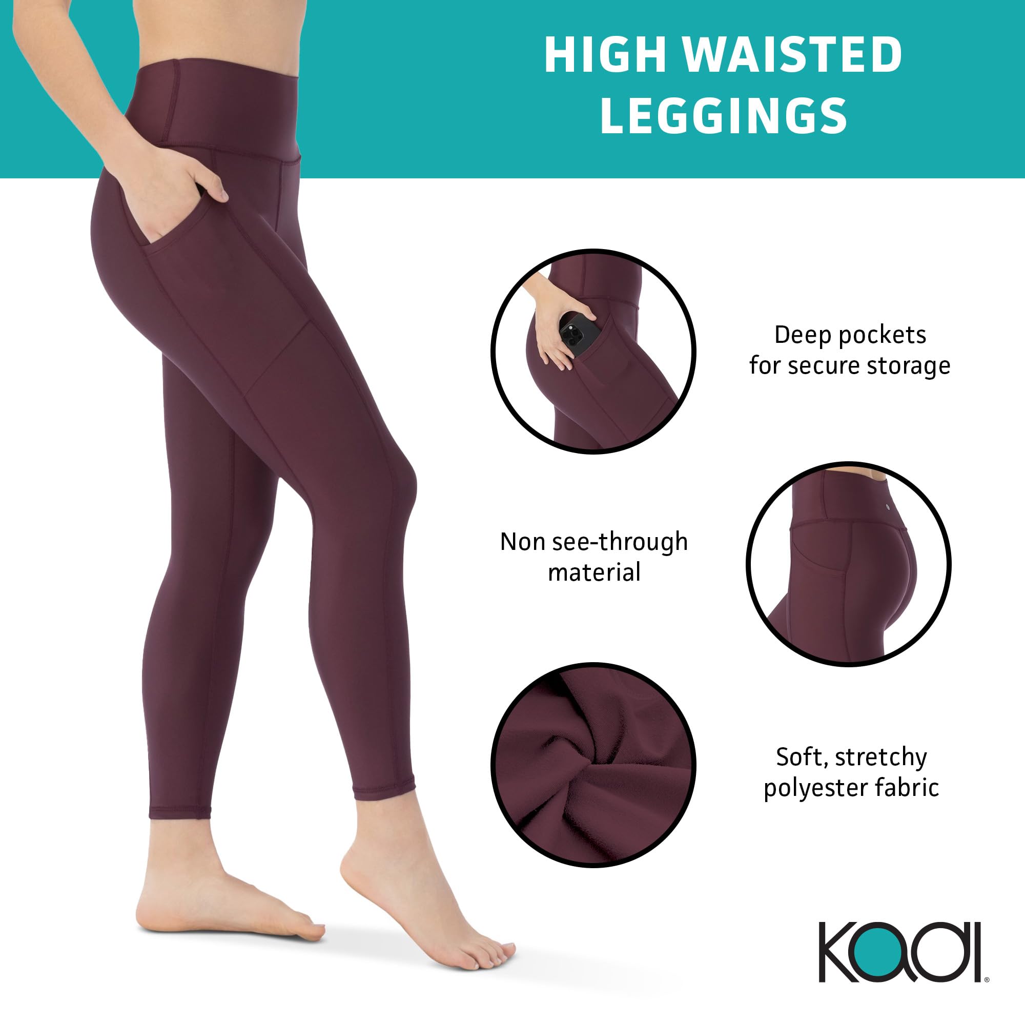 KADI High Waisted Yoga Pants for Women - 7/8 Length Workout Leggings with Pockets & Tummy Control - High Compression Fitness Pants for Yoga, Running & Gym