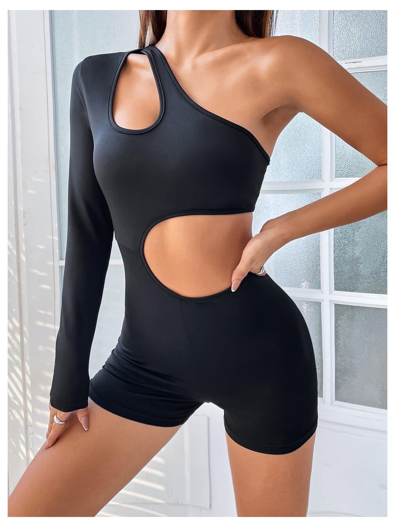 Floerns Women's One Shoulder Cut Out Long Sleeve Jumpsuit - Sexy Clubwear Bodysuit for Night Out, Party & Dance Performance