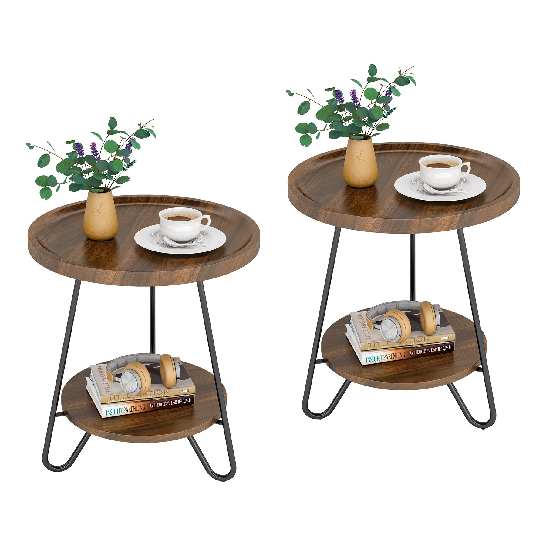 Round End Table with Metal Legs - 2 Tier Side Table for Living Room, Bedroom & Office - Modern Accent Table for Small Spaces & Home Decor