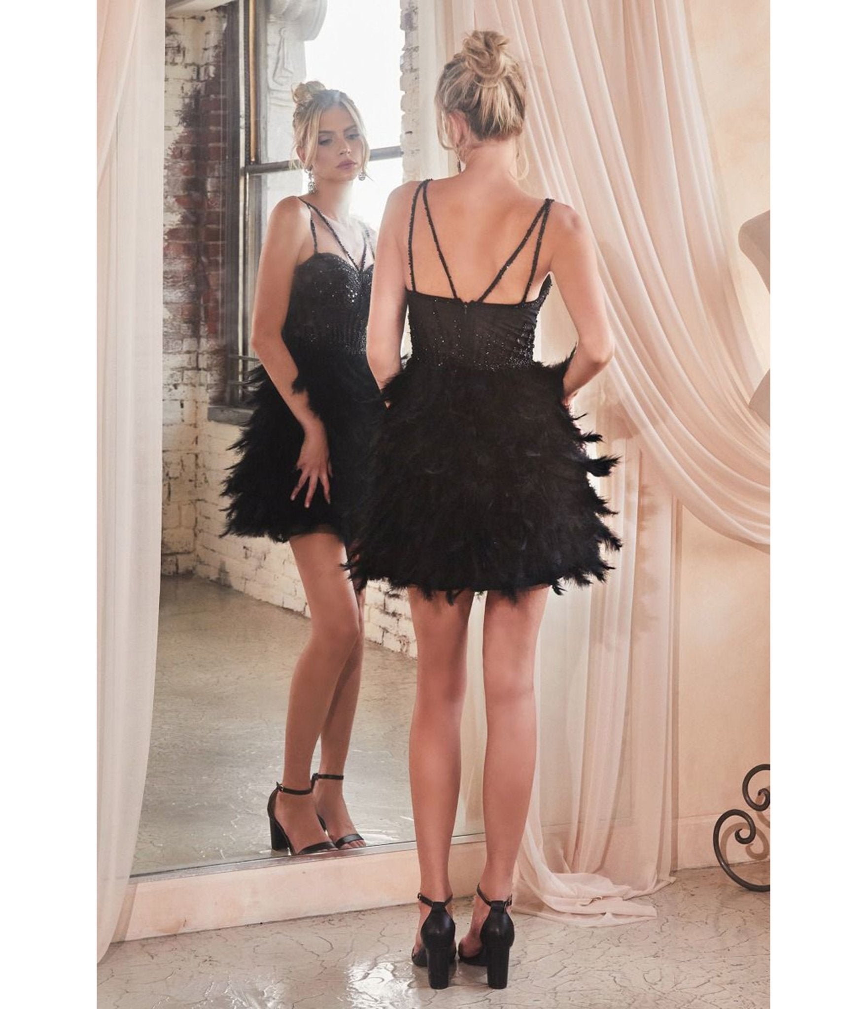 Ladivine by Cinderella Feather Trim Short Black Cocktail Dress - Perfect for Parties, Weddings & Evening Events