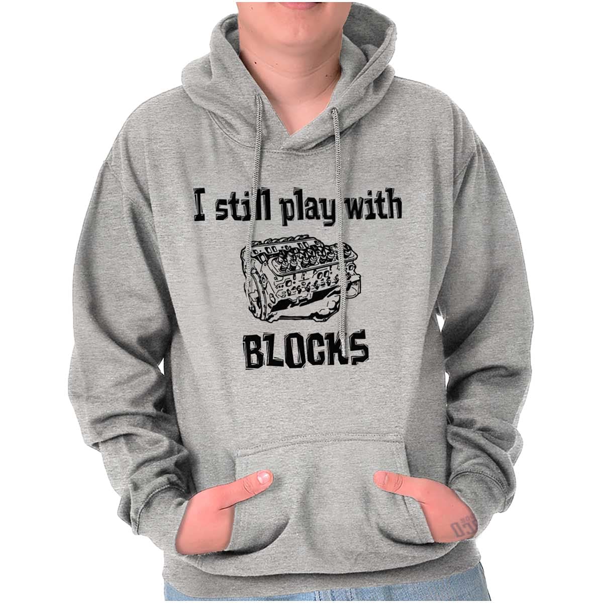 Brisco Brands Play With Blocks Car Engine Mechanic Hoodie Sweatshirt for Men & Women - Perfect for Auto Enthusiasts, Mechanics, and Casual Wear