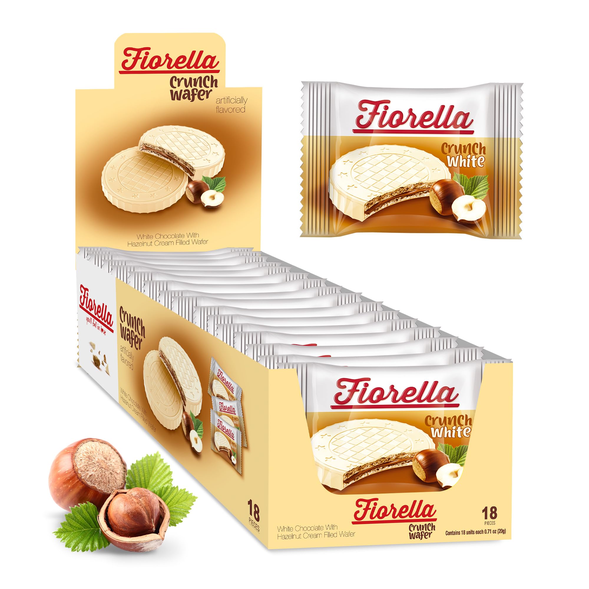 Fiorella White Chocolate Hazelnut Wafer Cookies - 18 Individually Wrapped Snacks for Office & Travel