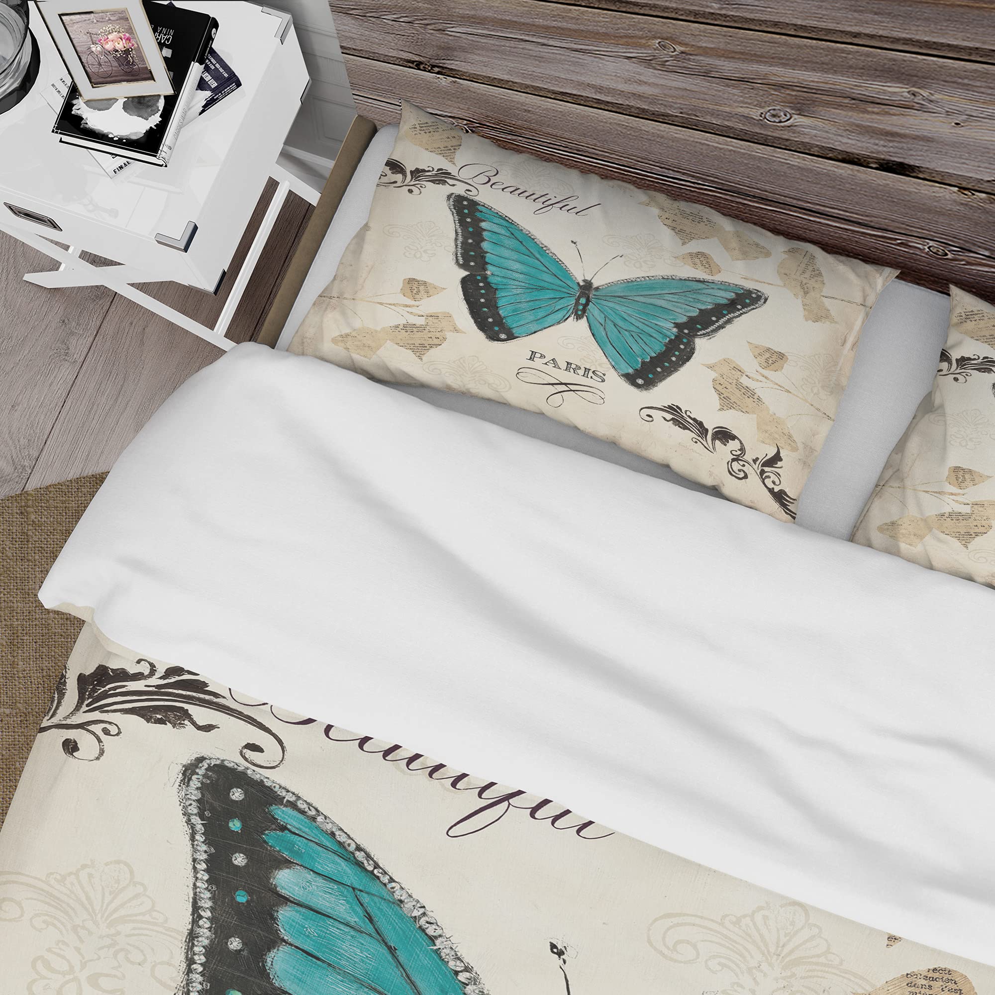 DesignQ Blue Farmhouse Butterfly Duvet Cover Set - Queen Size 3-Piece All Season Bedding with Animal Print | Cozy Farmhouse Style for Bedroom Decor