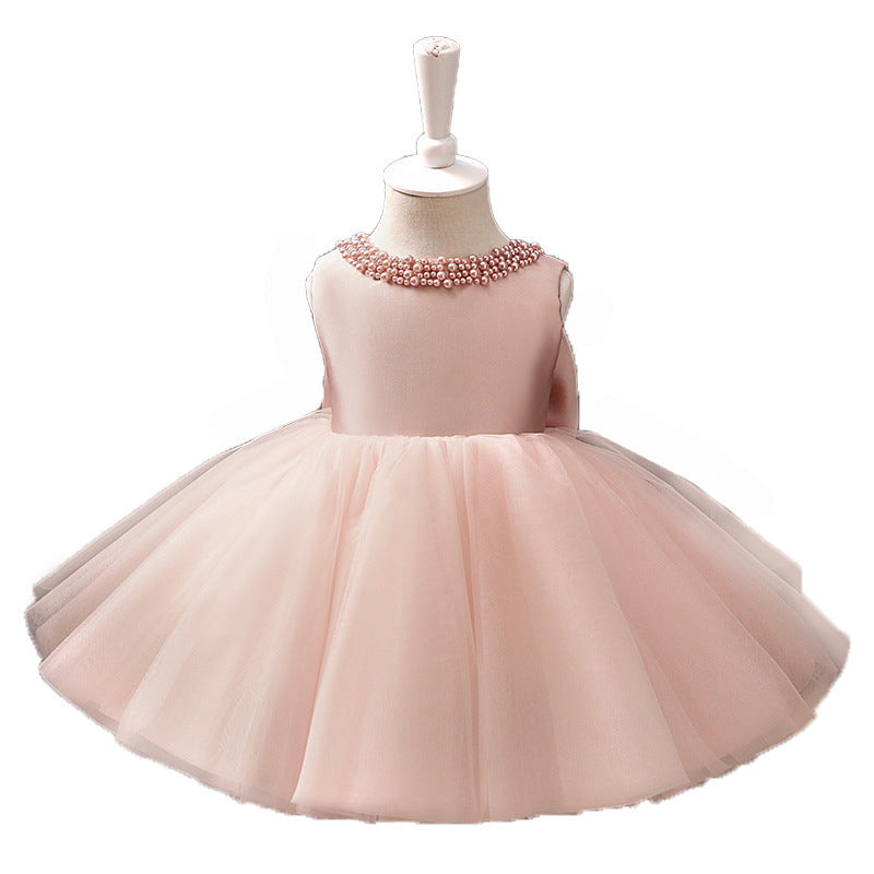 Pink Beaded Princess Dress for Baby Girls | Elegant Puffy Sleeve Party Gown | Perfect for Birthday, Photo Shoots & Special Occasions
