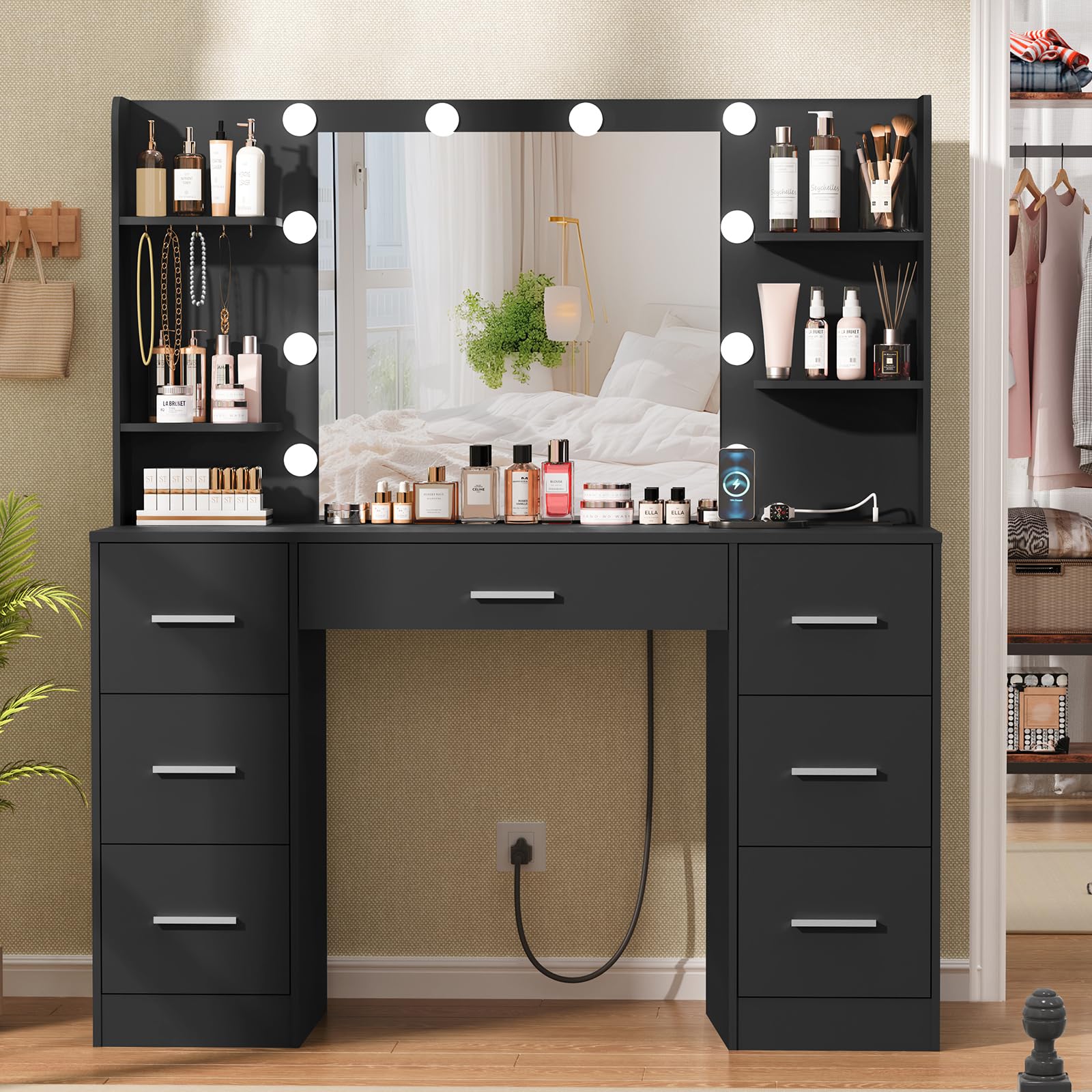 Quimoo Large Vanity Desk with LED Lighted Mirror & Power Outlet - Makeup Vanity Table with 7 Drawers, 4 Shelves & 5 Hooks - Modern Vanity Desk Set for Bedroom or Bathroom (Black) - Perfect for Makeup Organization, Dressing Room & Home Decor