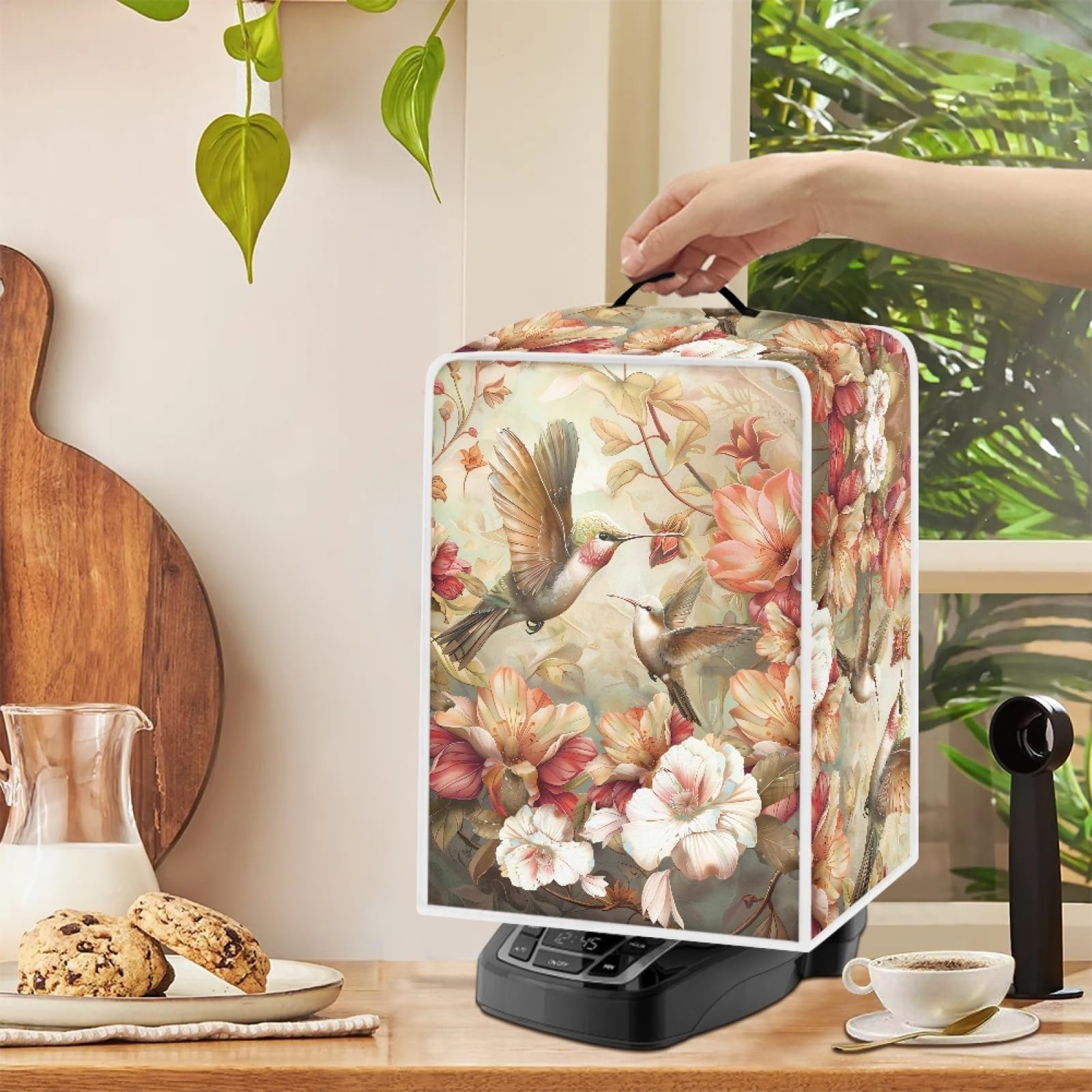 GLENLCWE Retro Hummingbird Peony Coffee Maker Cover - Washable Polyester Dust Cover with Top Handle for Kitchen Appliances | Protects from Dust & Fingerprints | Perfect for Keurig, Nespresso & Drip Coffee Machines