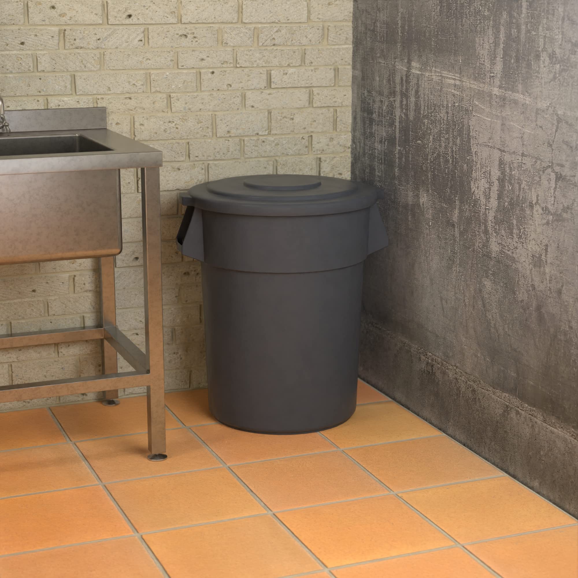 55 Gallon Gray Round Commercial Trash Can with Lid - Heavy Duty Outdoor/Indoor Garbage Bin for Restaurants, Offices & Schools