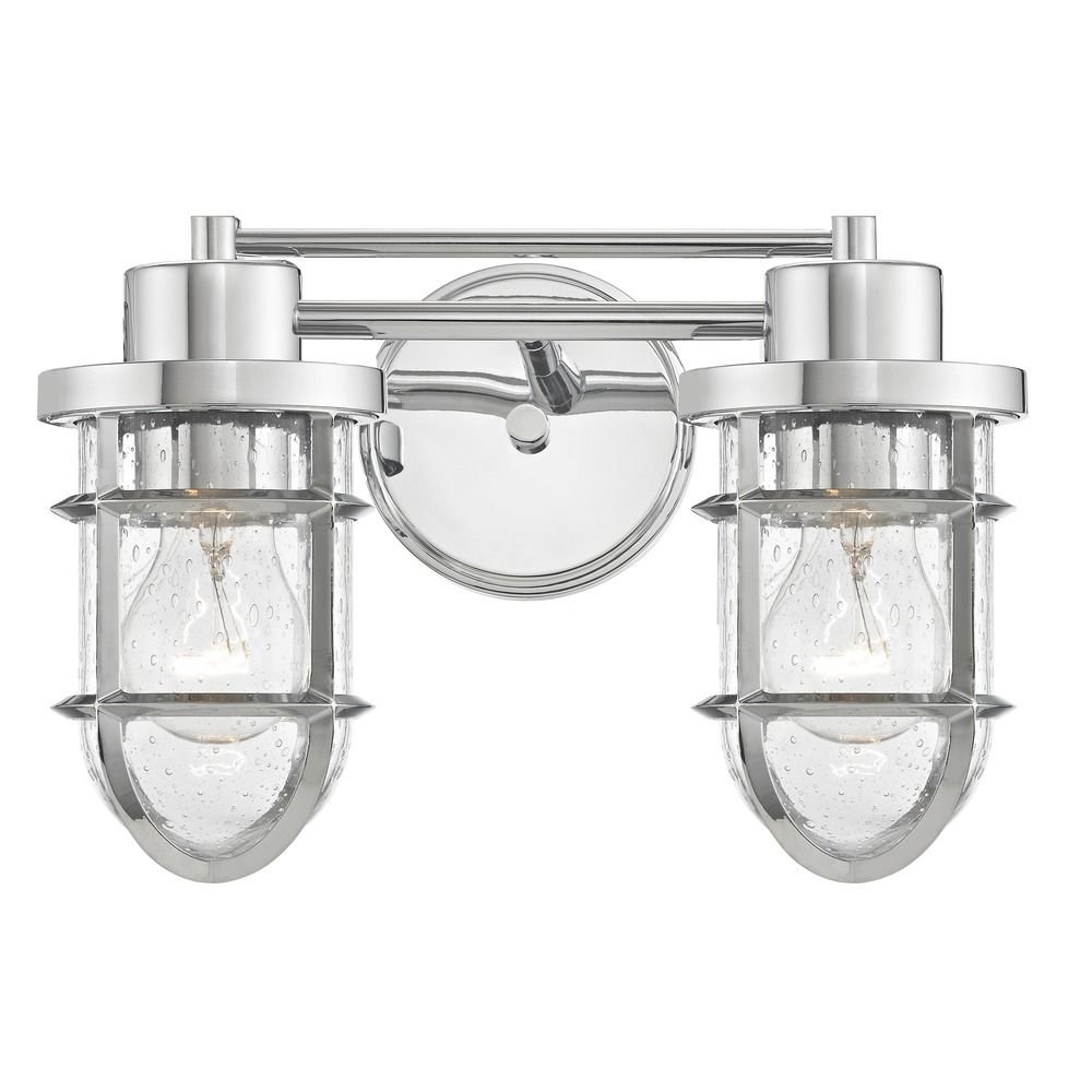 Seeded Glass Bathroom Light Fixture - Chrome Cage Pendant with 2 Lights - Perfect for Vanity, Powder Room & Farmhouse Decor