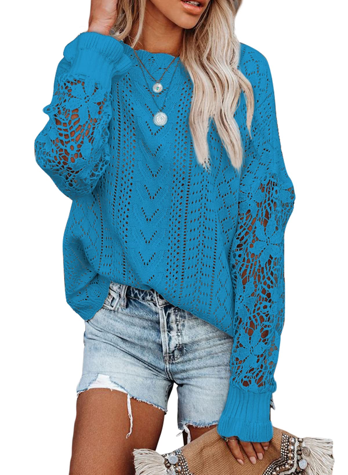 AlvaQ Women's Lace Crochet Long Sleeve Sweater - Winter Knit Pullover Jumper Top for Casual Wear & Office Outfits