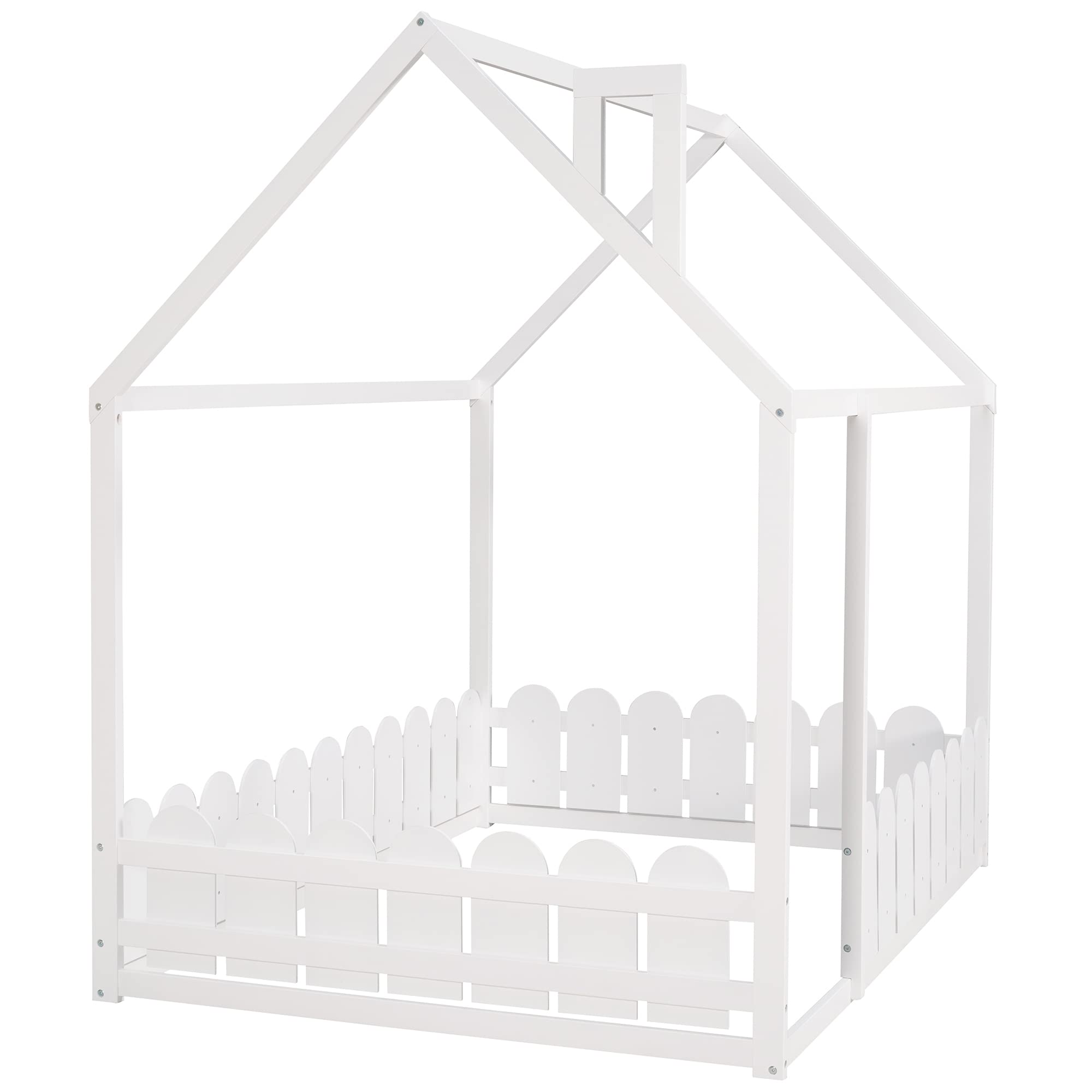 P PURLOVE Solid Wood House Bed Frame with Fence-Style Guardrails - Twin/Full Size Kids Bed for Boys & Girls (Slats Not Included, White) - Perfect for Nursery, Kids Room & Playroom Decor