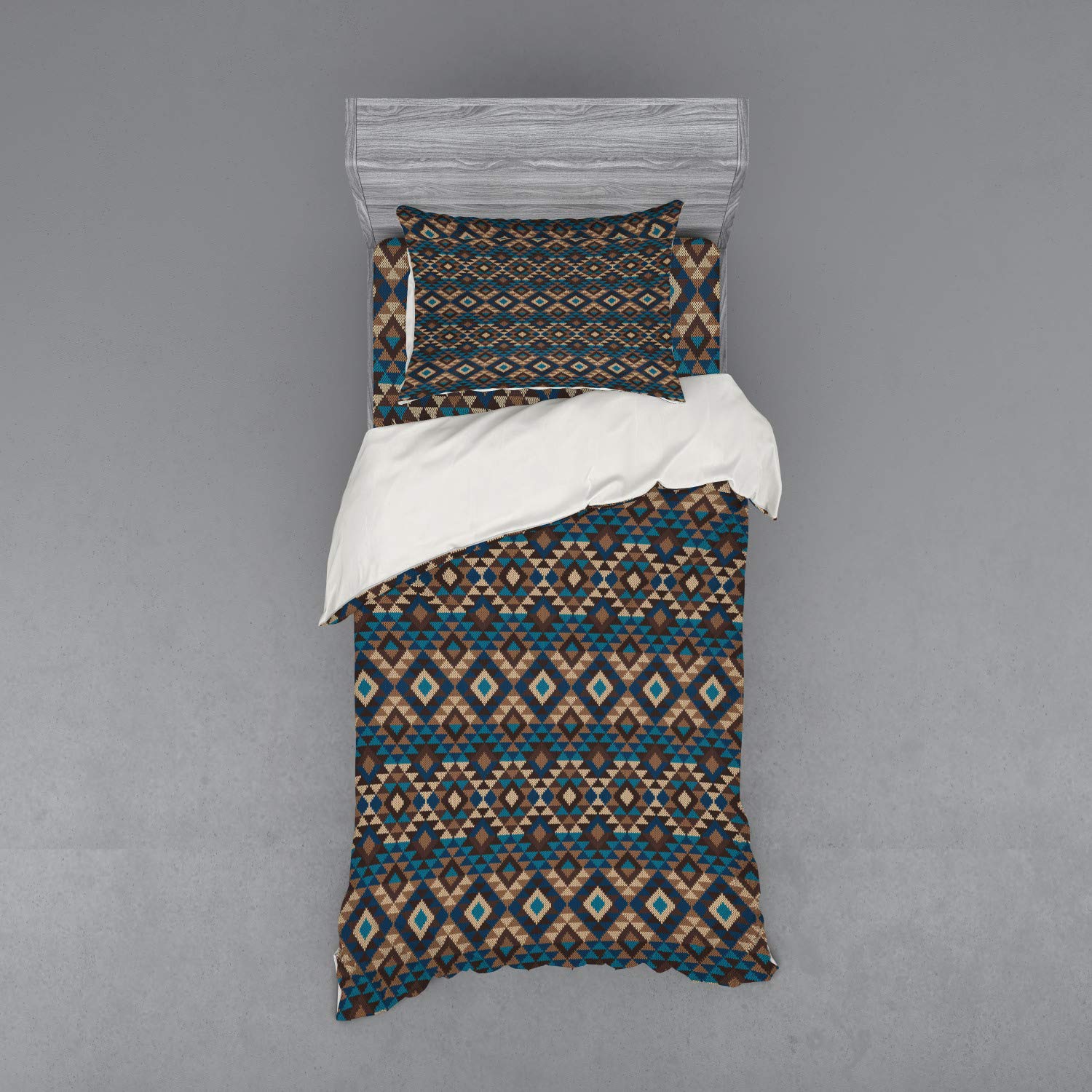 Ambesonne Ethnic Jacquard Duvet Cover Set - Knitted Geometric Design in Brown & Dark Blue, 3-Piece Twin Size Bedding with Sham & Fitted Sheet | Bohemian Bedroom Decor for Guest Rooms & Dorm