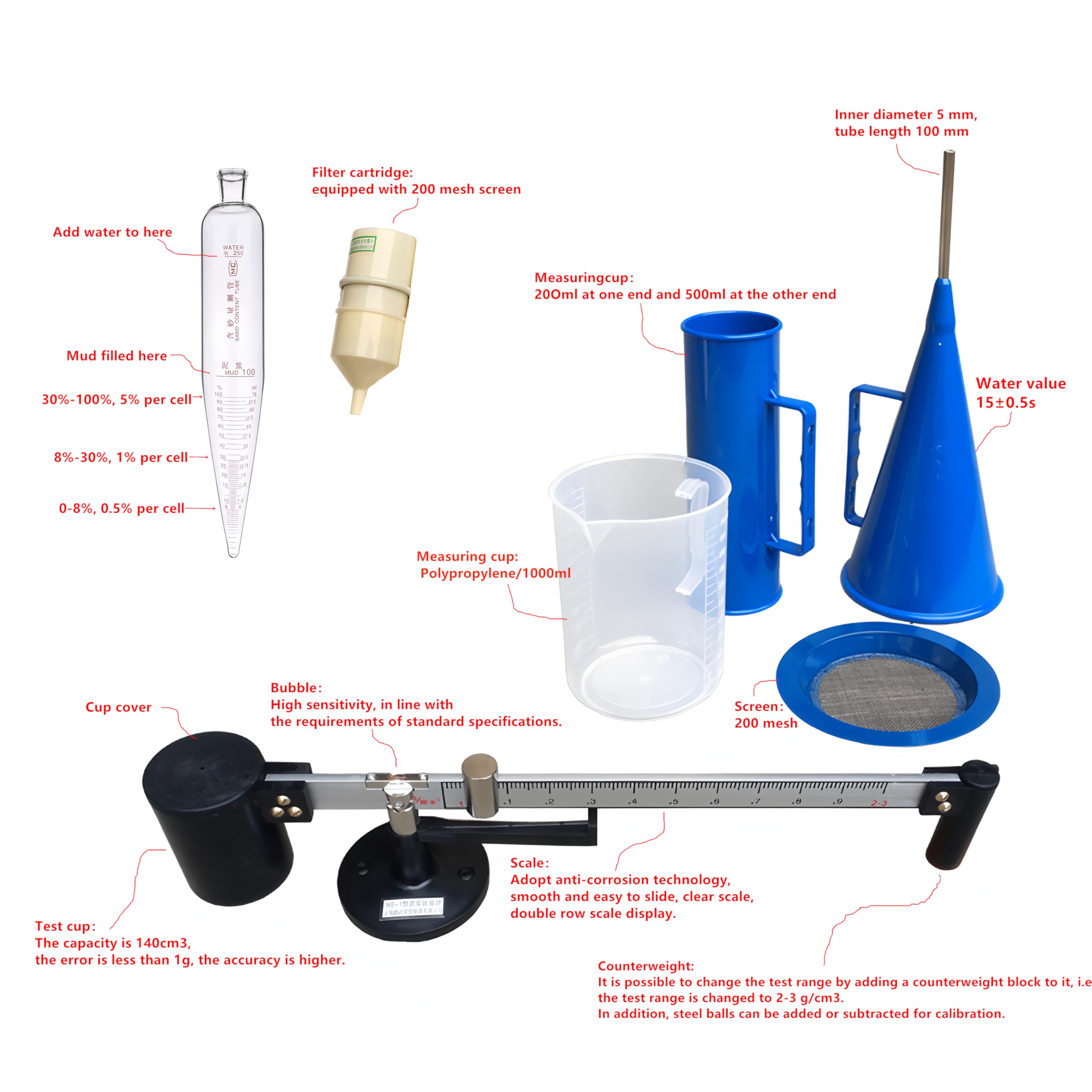 Professional Slurry Test Kit - Mud Hydrometer, Viscometer, Marsh Funnel & Viscosity Cup for Drilling Fluid Analysis | Oilfield, Construction & Geotechnical Testing Equipment