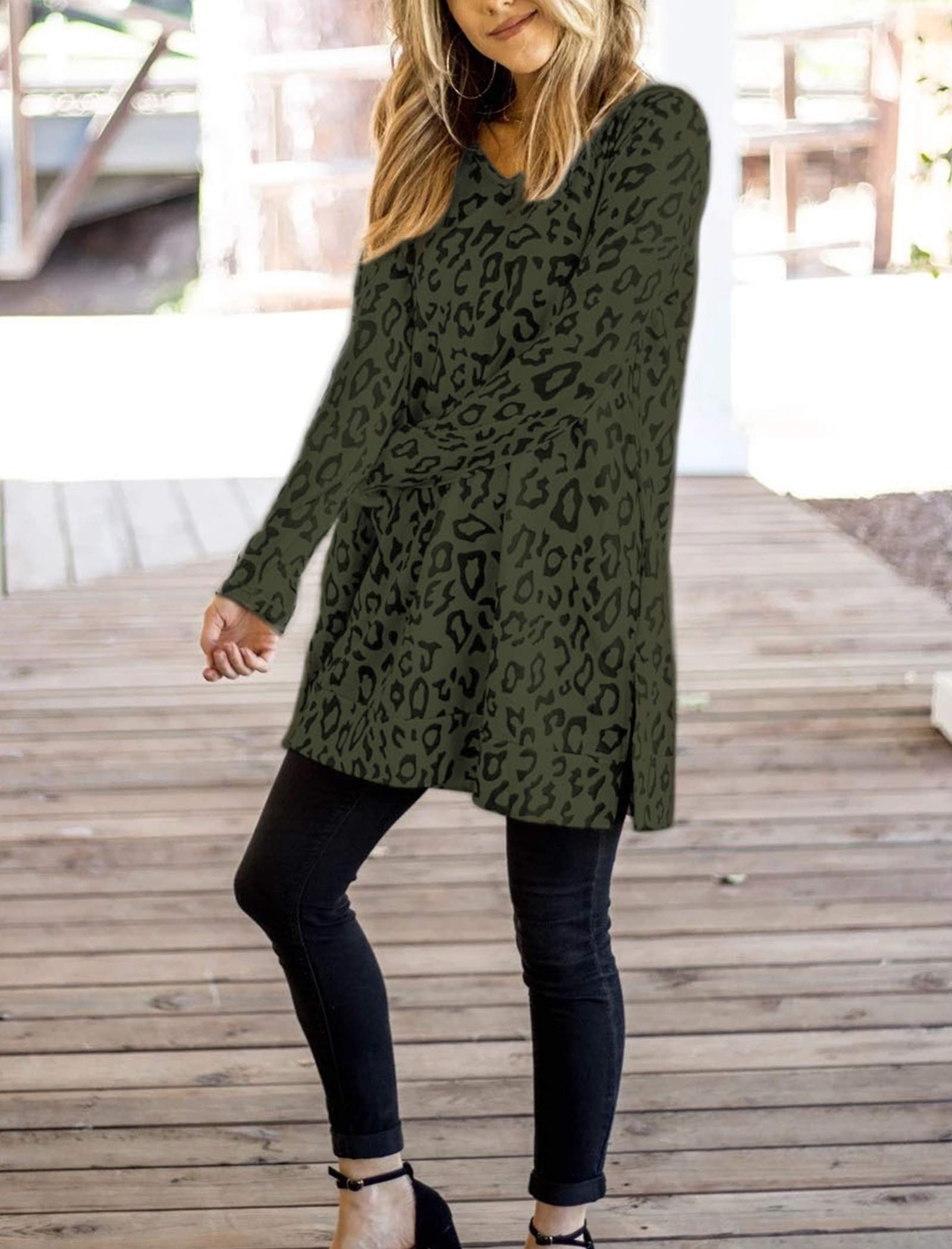 Maysoar Women's Leopard Print Tunic Top - Long Sleeve V-Neck Blouse for Casual Wear, Office Outfits & Fall Fashion