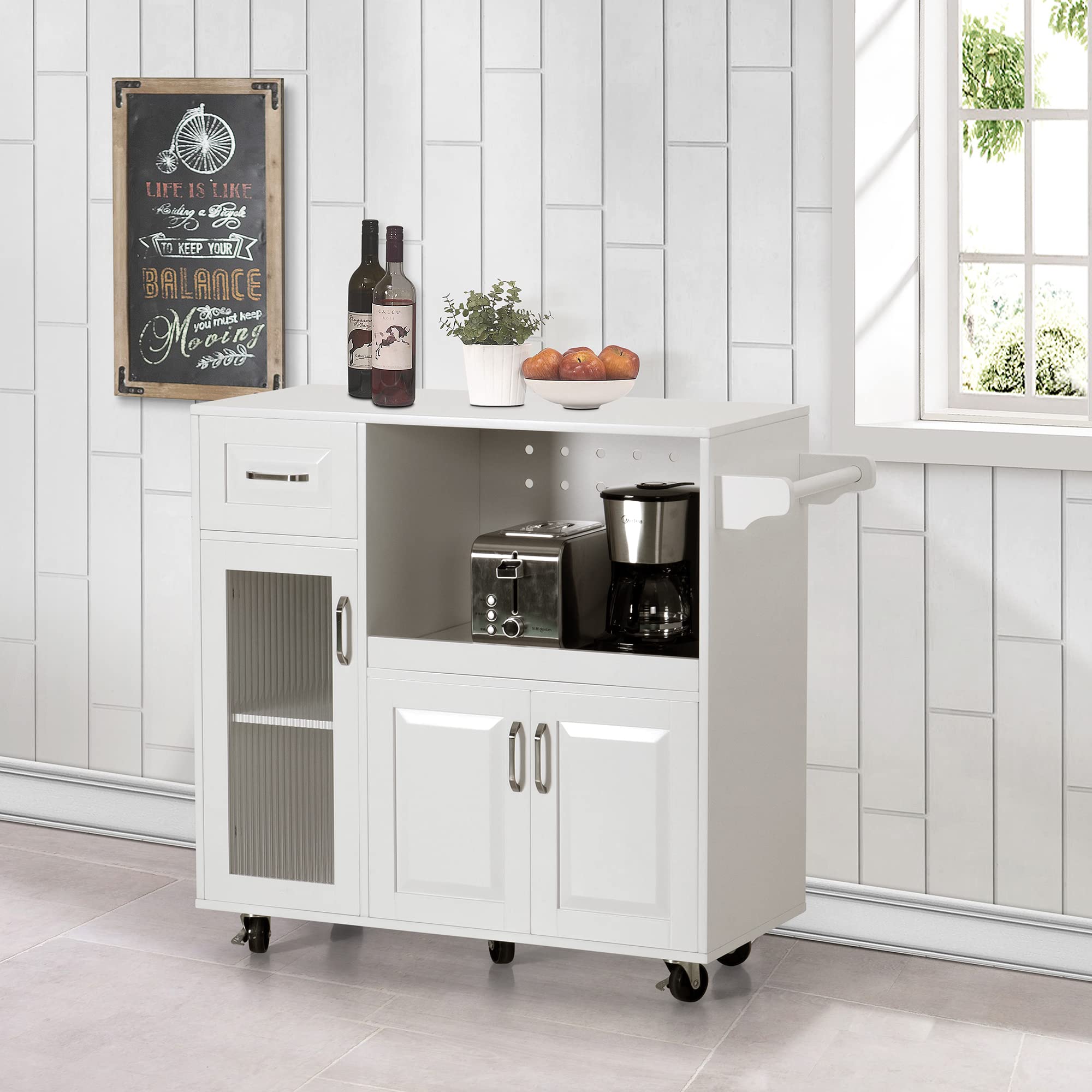 Sophia & William White Kitchen Island Cart with Wheels - Extendable Tray, Adjustable Shelf, Glass Door, Cabinets & Drawer - Mobile Kitchen Storage Trolley with Towel Rack for Small Spaces, Apartments & Open Kitchens