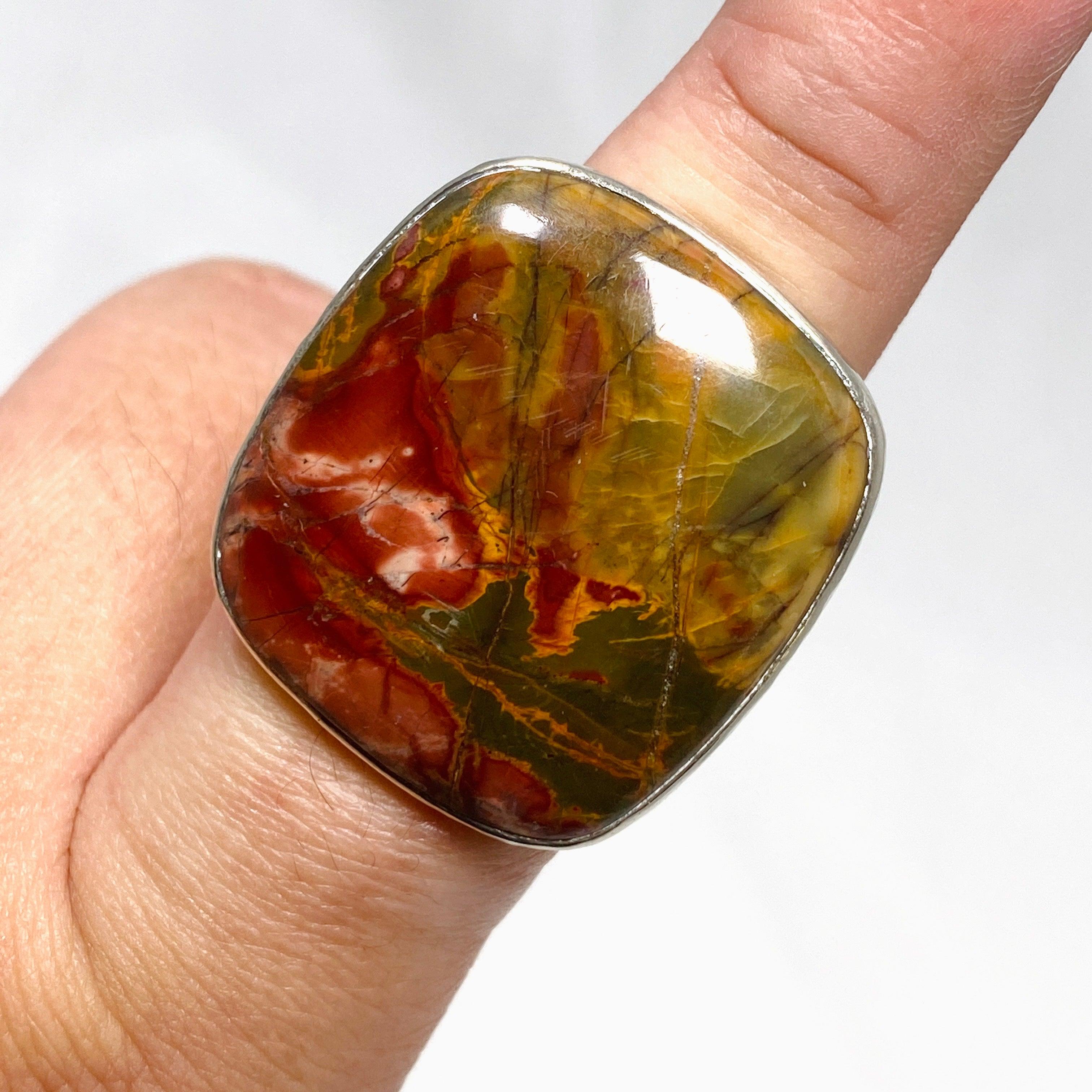 Cherry Creek Jasper Hammered Square Ring for Women - Size 8 KRGJ1607 - Boho Chic Jewelry for Everyday Wear & Special Occasions