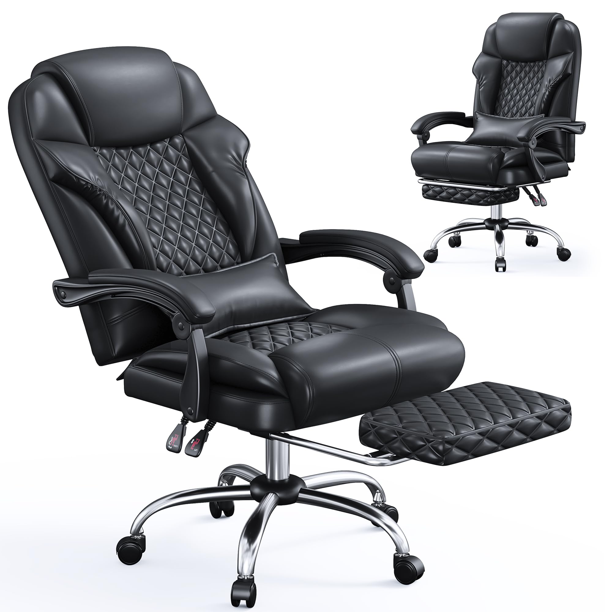 Ergonomic Reclining Office Chair with Footrest & Lumbar Support - 145° Adjustable Backrest, Height & Armrest Adjustments, Rolling Wheels - Black Executive Desk Chair for Home & Office Workspaces