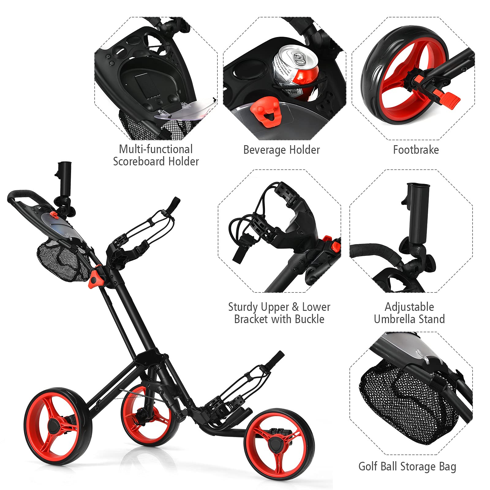 **Tangkula Lightweight Aluminum 3-Wheel Golf Push Pull Cart - Foldable Golf Trolley with Storage Bag, Beverage Holder & Foot Brake - Adjustable Umbrella Holder & 4 Height Positions - Perfect for Golf Courses & Outdoor Sports**